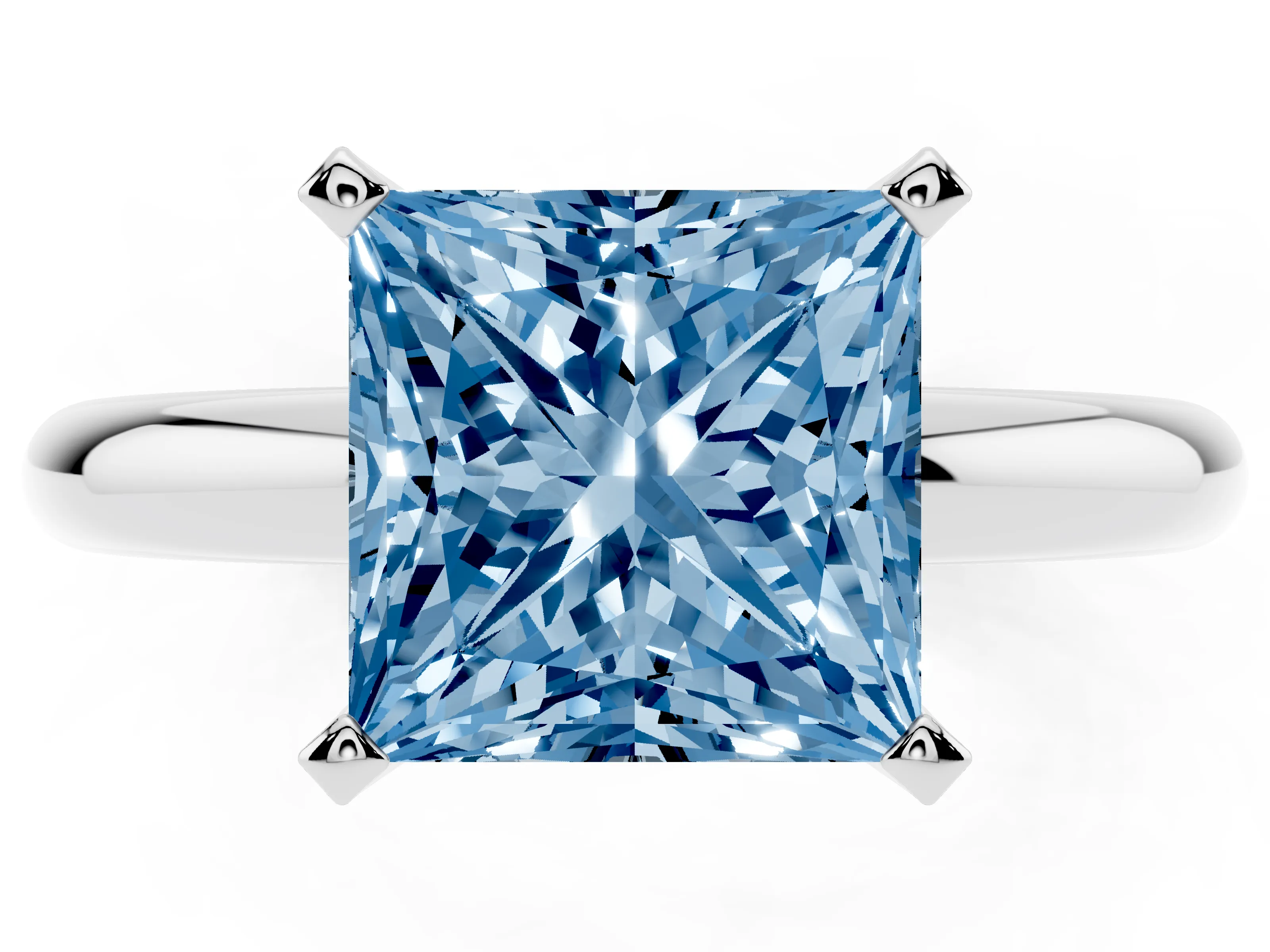 Fancy Blue Princess Cut Diamond Solitaire Engagement Ring Set in Silver with Round Band and Prong Setting