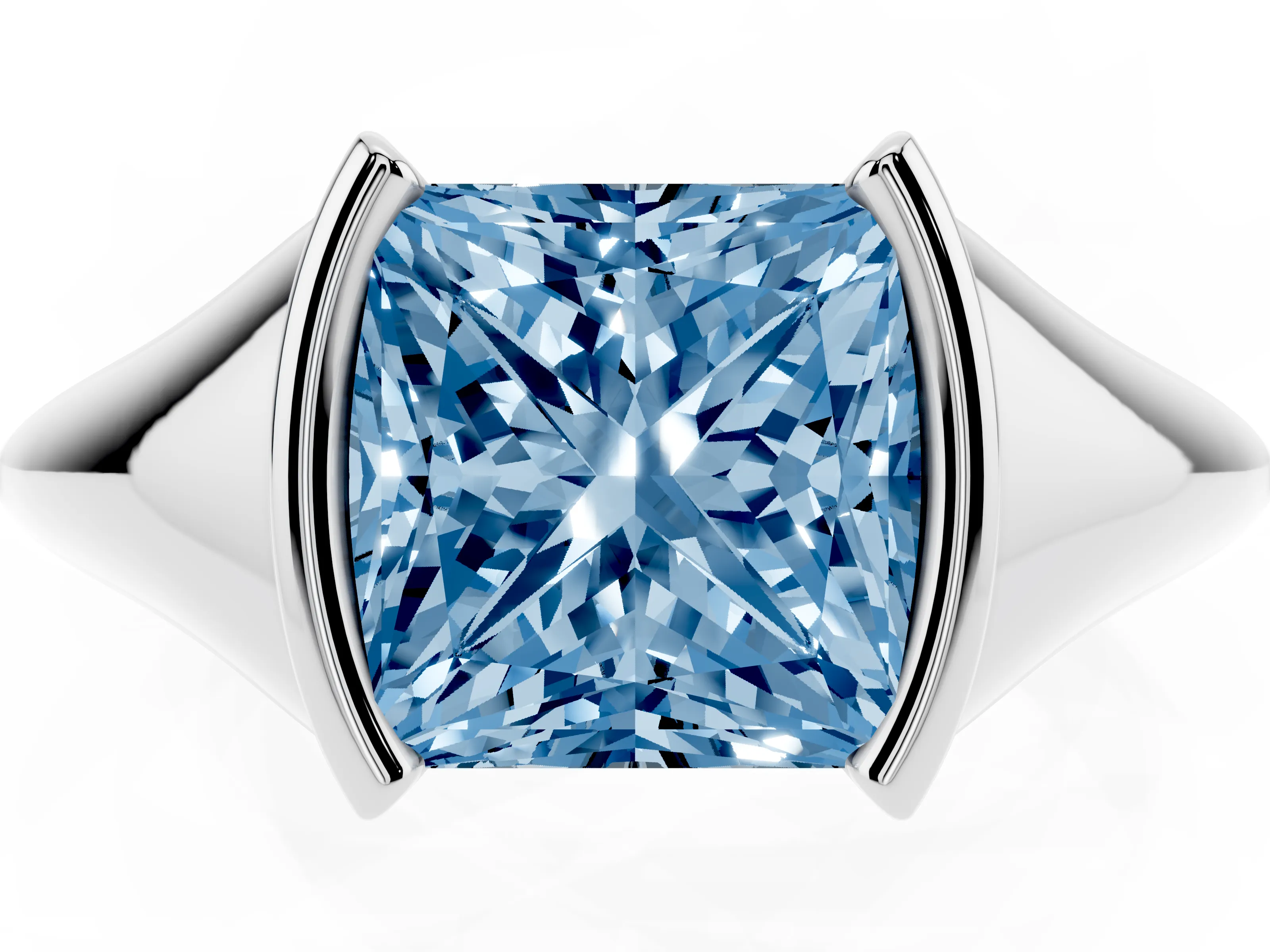 Fancy Blue Princess Cut Diamond Solitaire Tension Set Ring Set in Silver