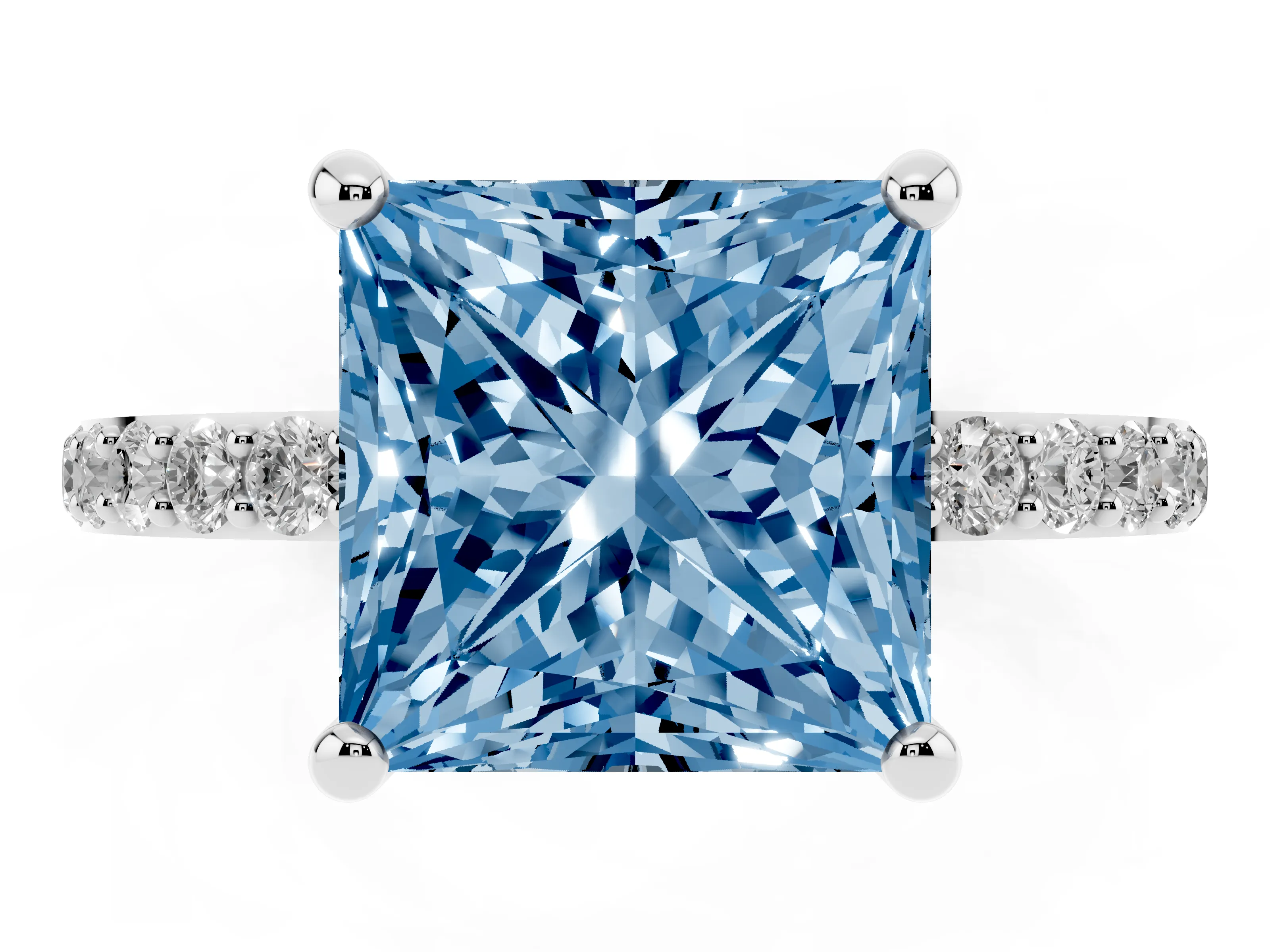 Fancy Blue Princess Cut Diamond Solitaire Ring Set in White gold with Round Pavé Band and Prong Setting