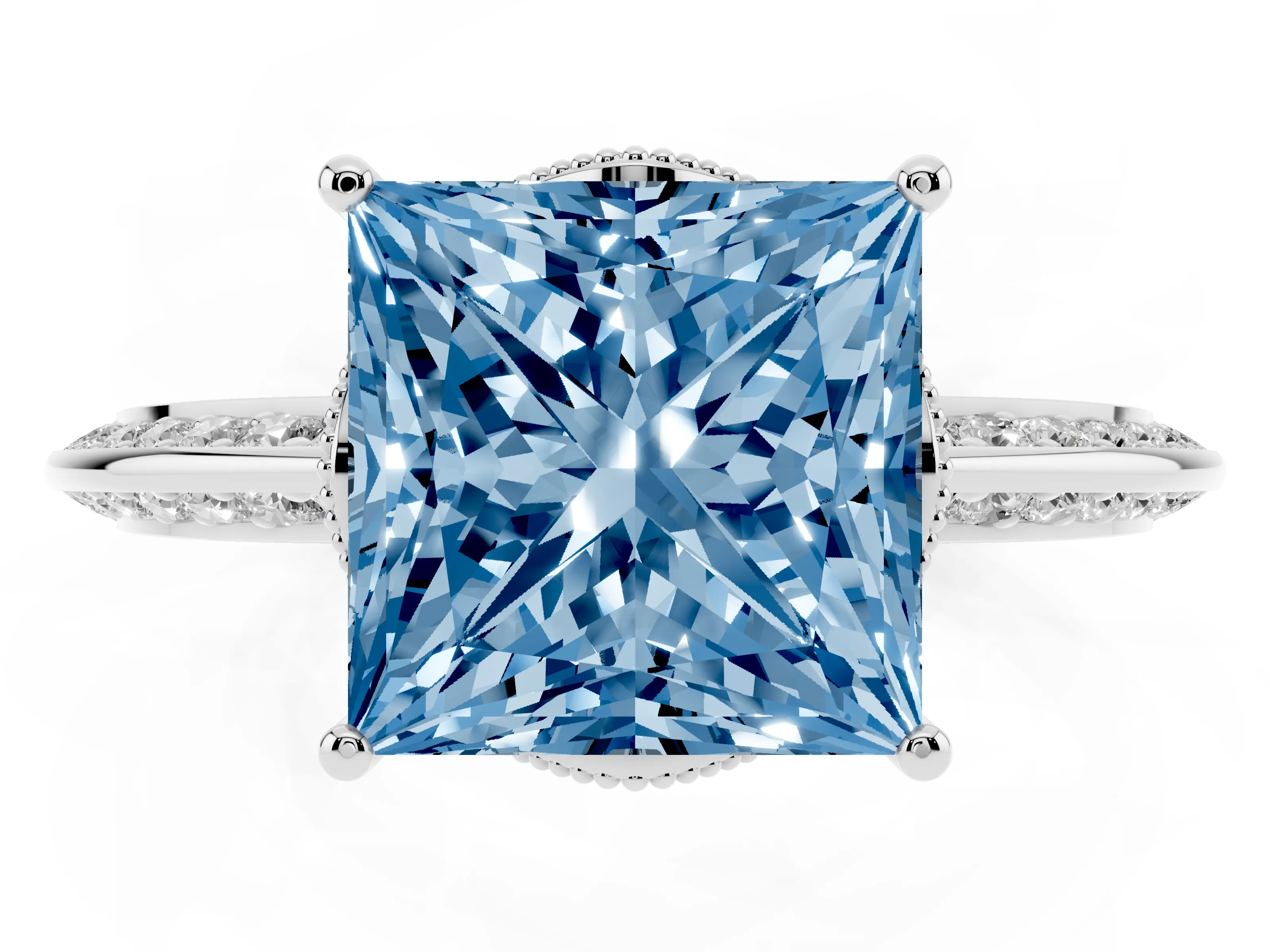 Fancy Blue Princess Cut Diamond Solitaire Engagement Ring Set in White gold with Pavé Split Shank and Prong Setting