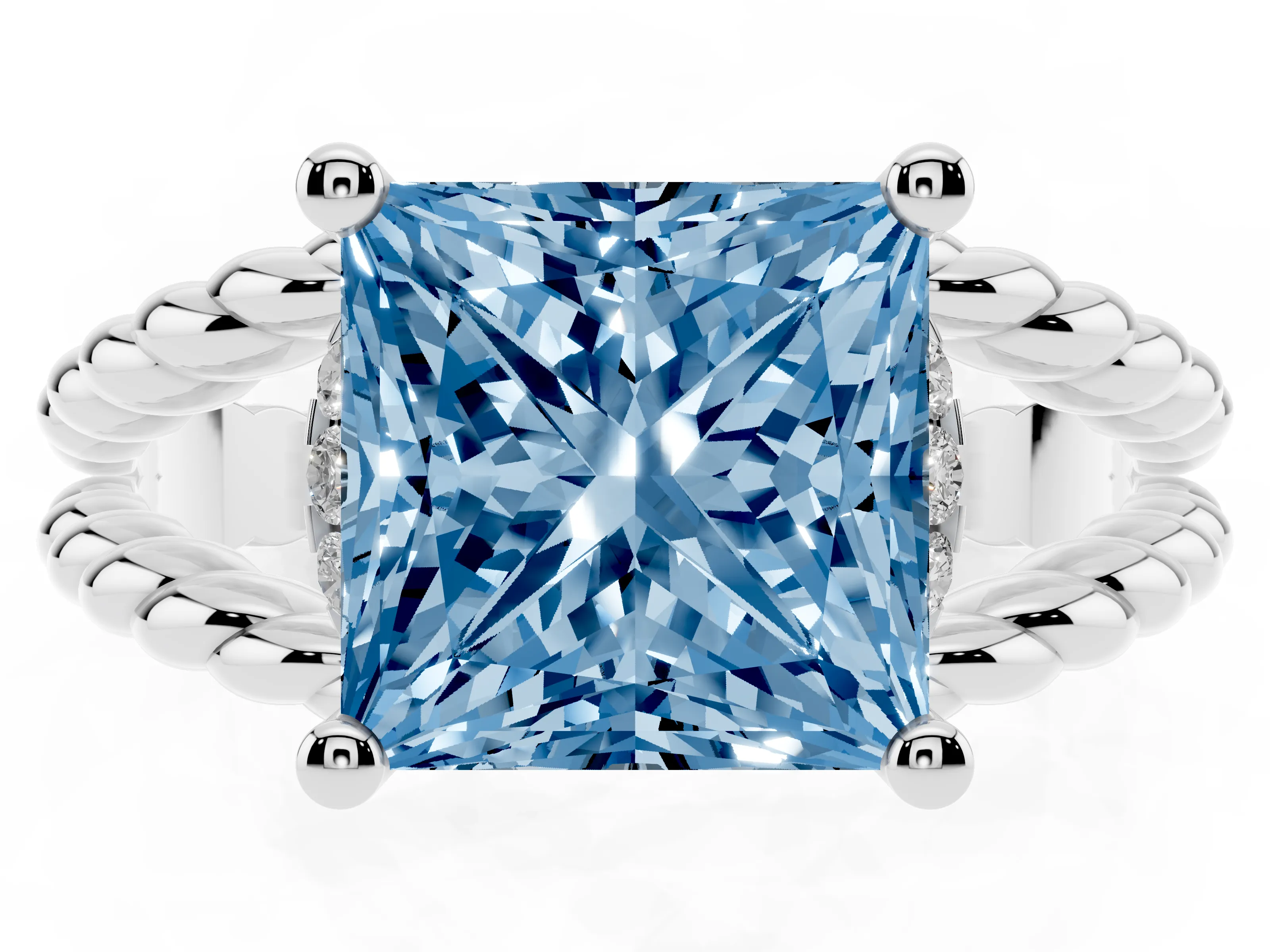Fancy Blue Princess Cut Diamond Halo Ring Set in White gold with Twisted Band and Prong Setting