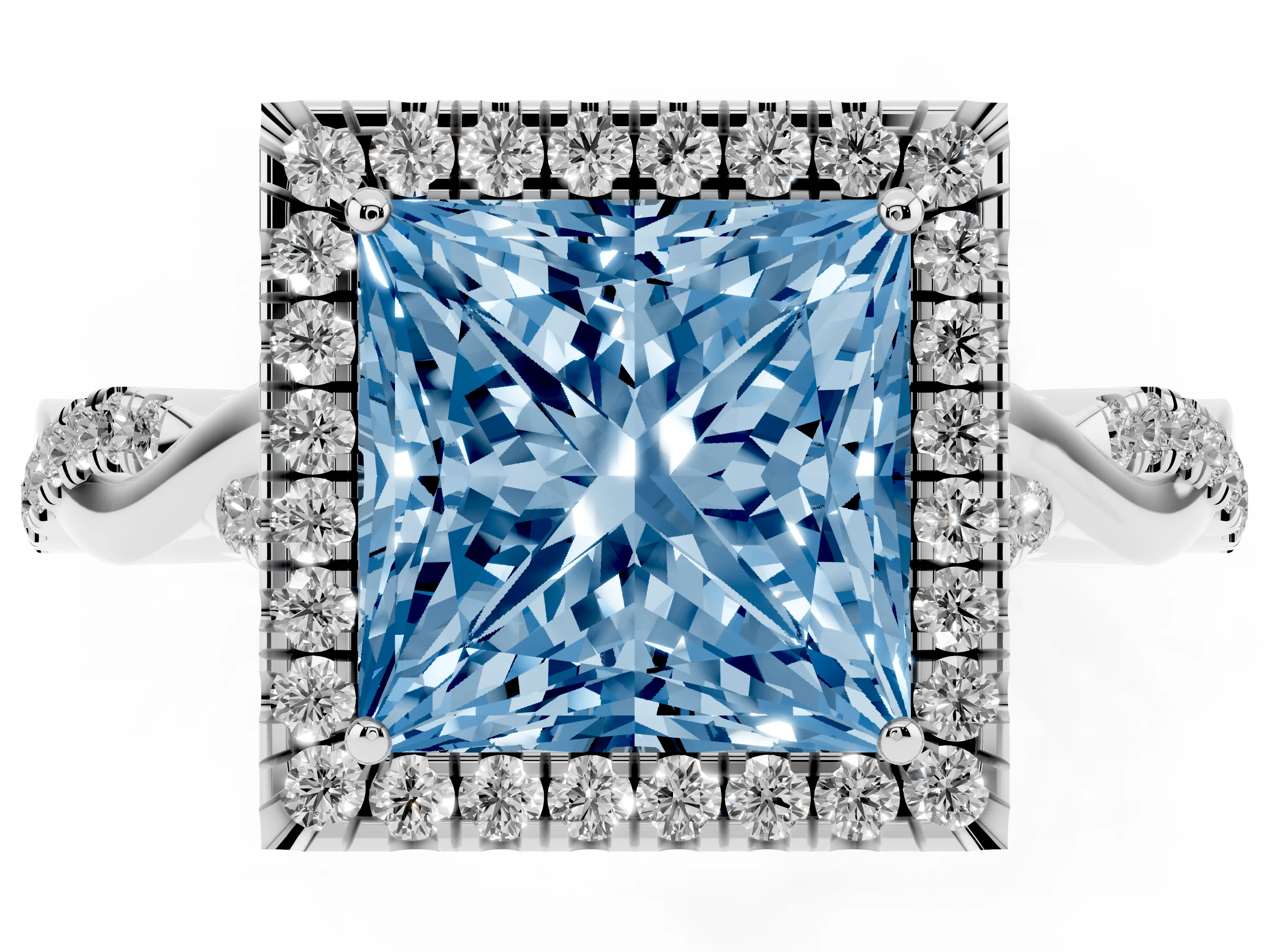 Fancy Blue Princess Cut Diamond Halo Twist Band Solitaire Ring Set in Silver with Prong Setting