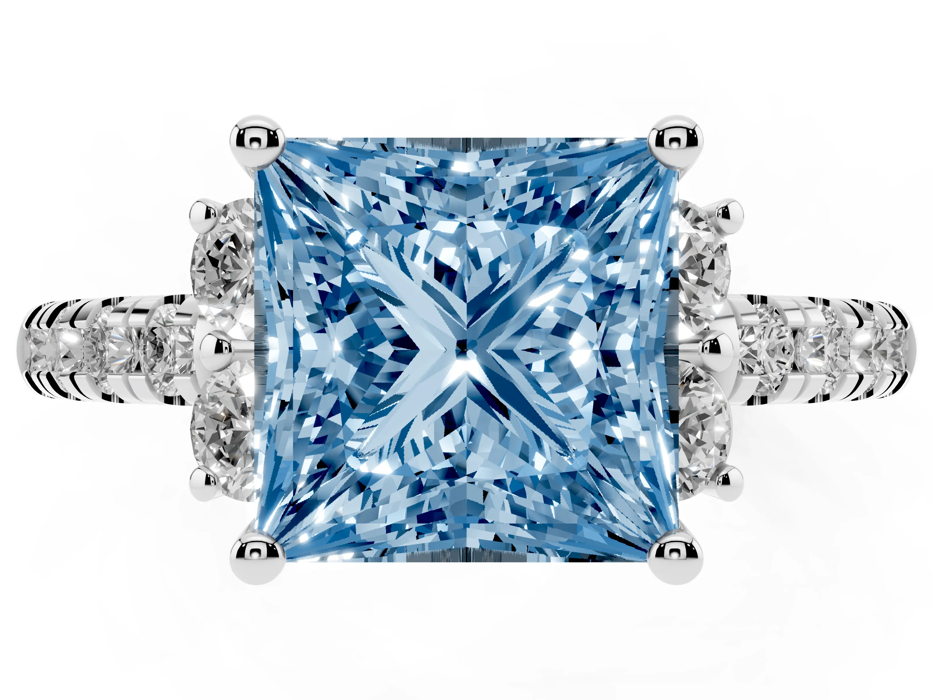 Fancy Blue Princess Cut Diamond Three-Stone Pavé Ring Set in White gold with Prong Setting