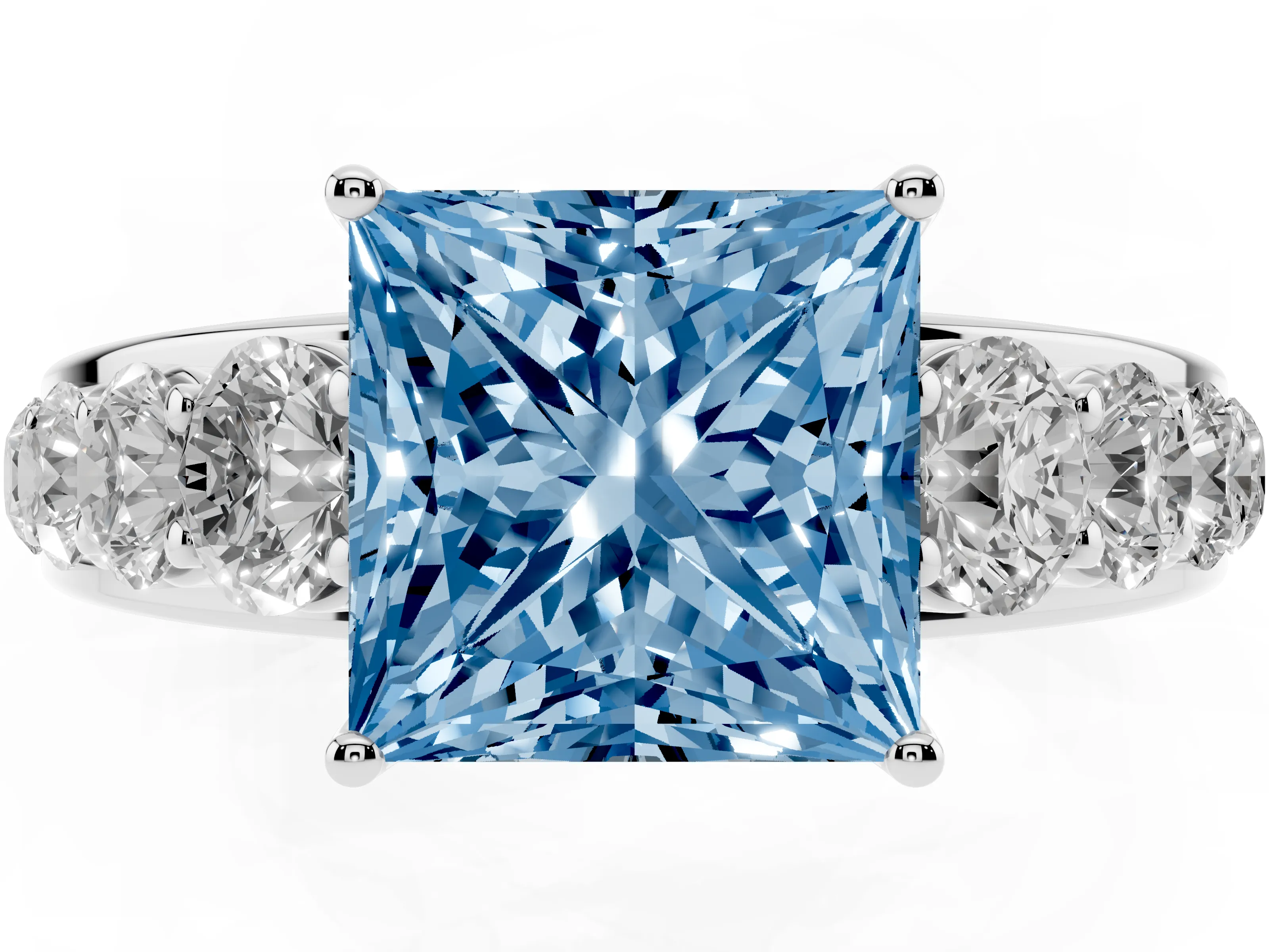 Fancy Blue Princess Cut Diamond Solitaire Ring Set in Platinum with Pavé-Set Band and Prong Setting