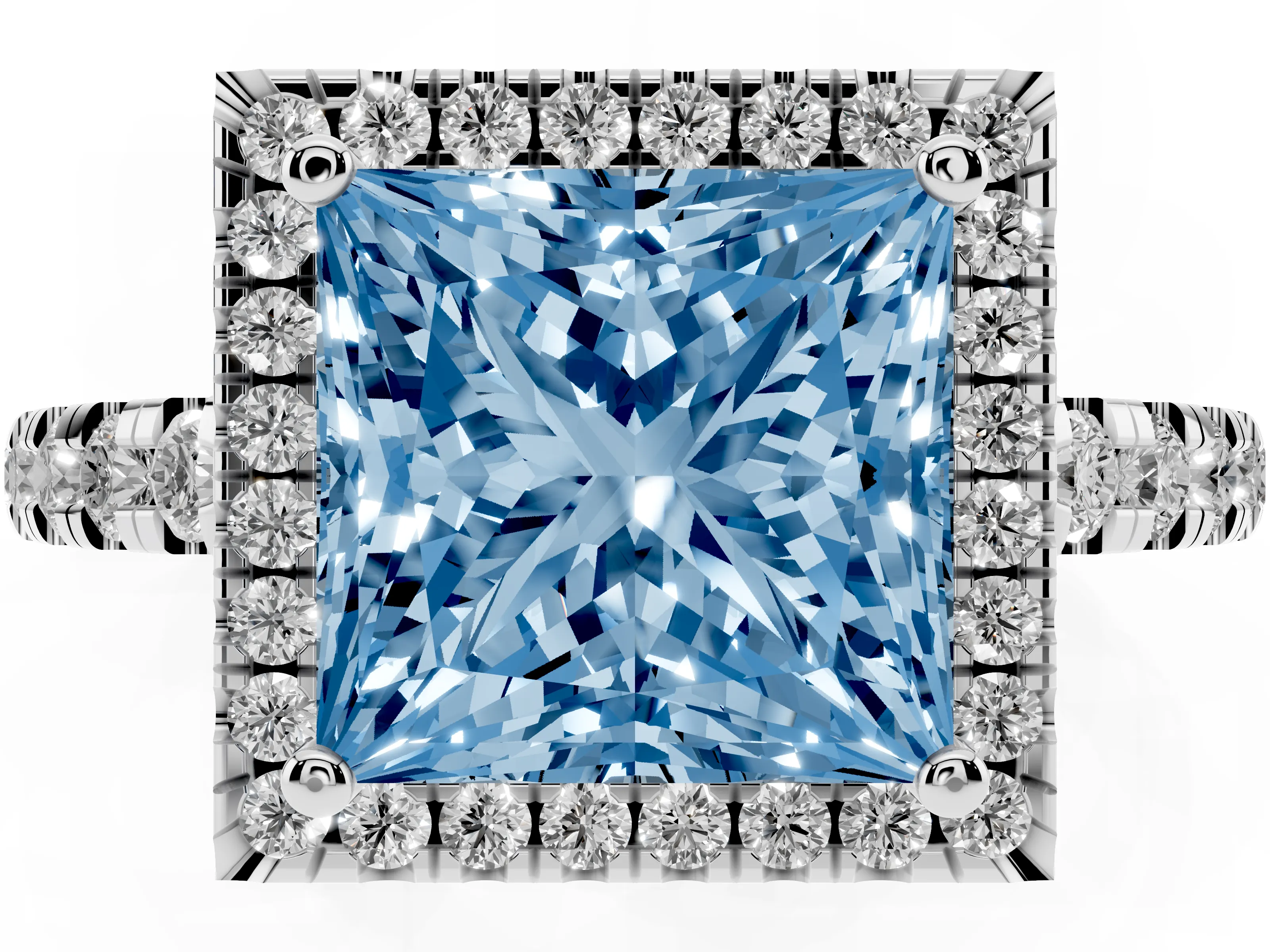 Fancy Blue Princess Cut Diamond Halo Ring Set in Platinum with Delicate Pavé Band and Prong Setting
