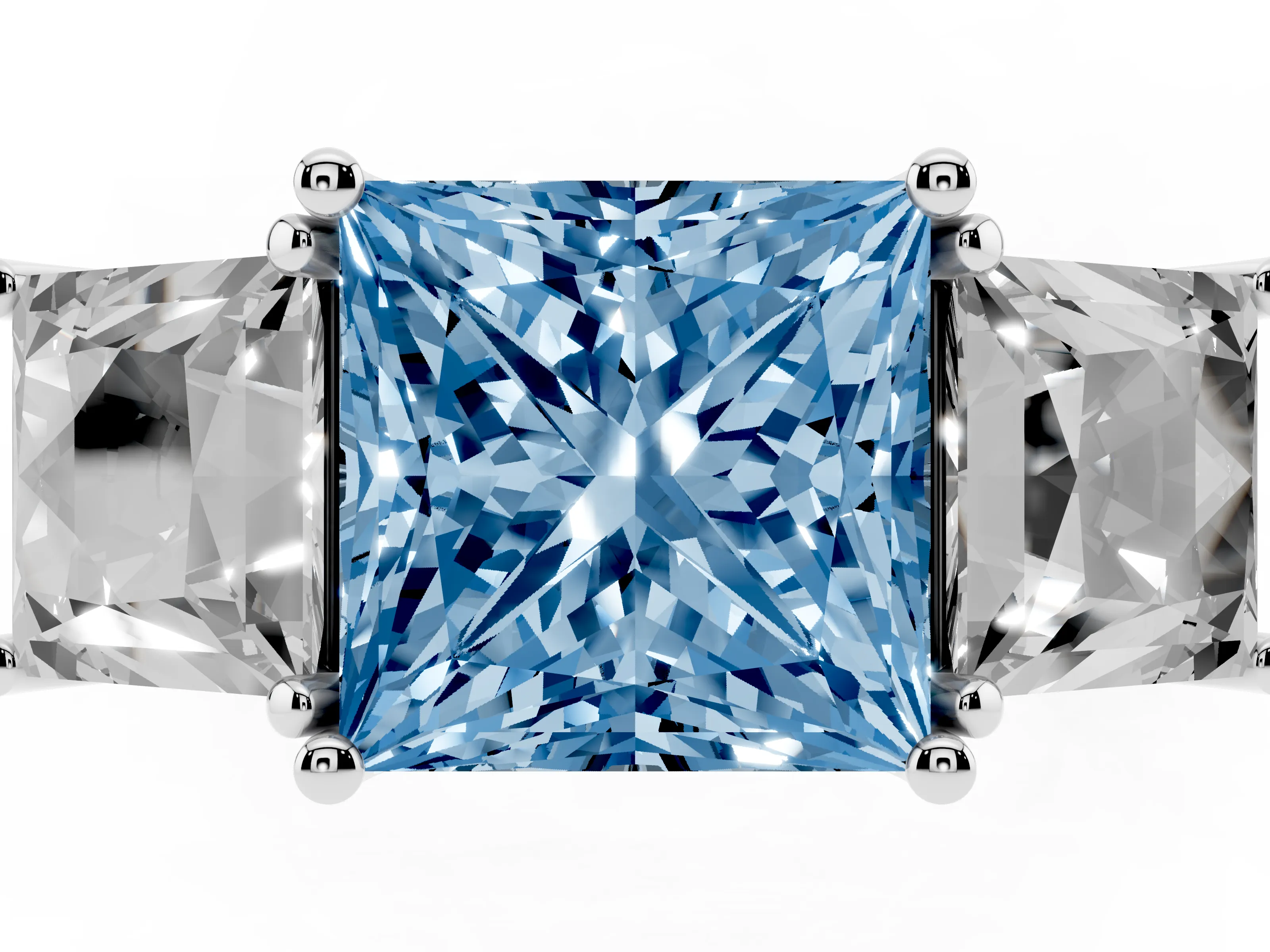 Fancy Blue Princess Cut Diamond Three-Stone Ring Set in Silver with Pavé Band