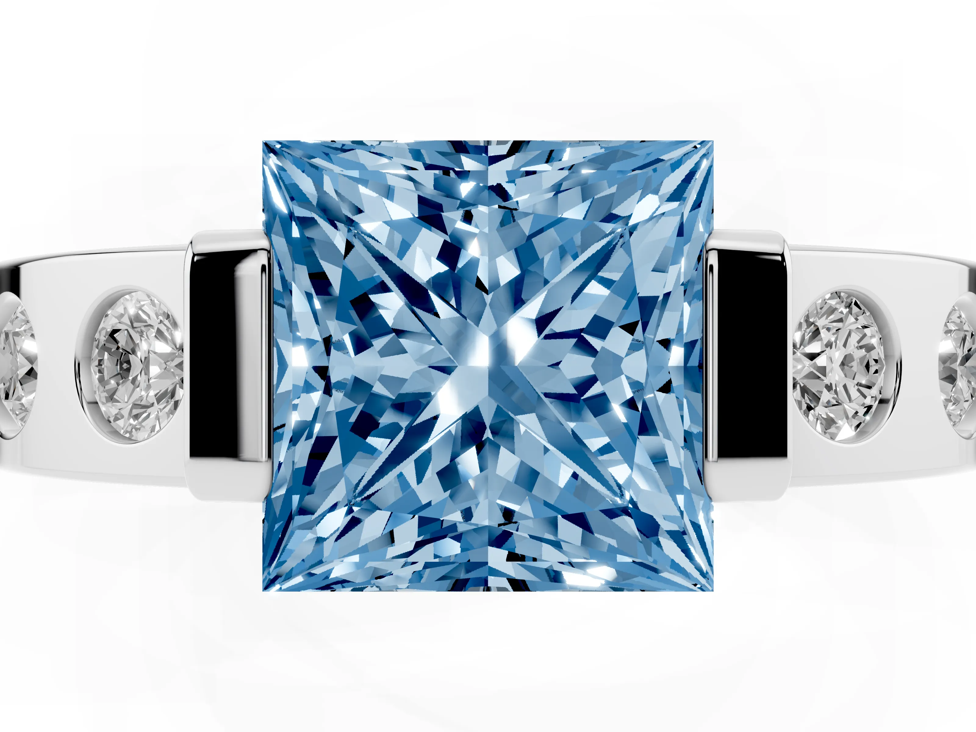 Fancy Blue Princess Cut Diamond Channel-Set Band Ring Set in Silver with Bezel Prong Setting