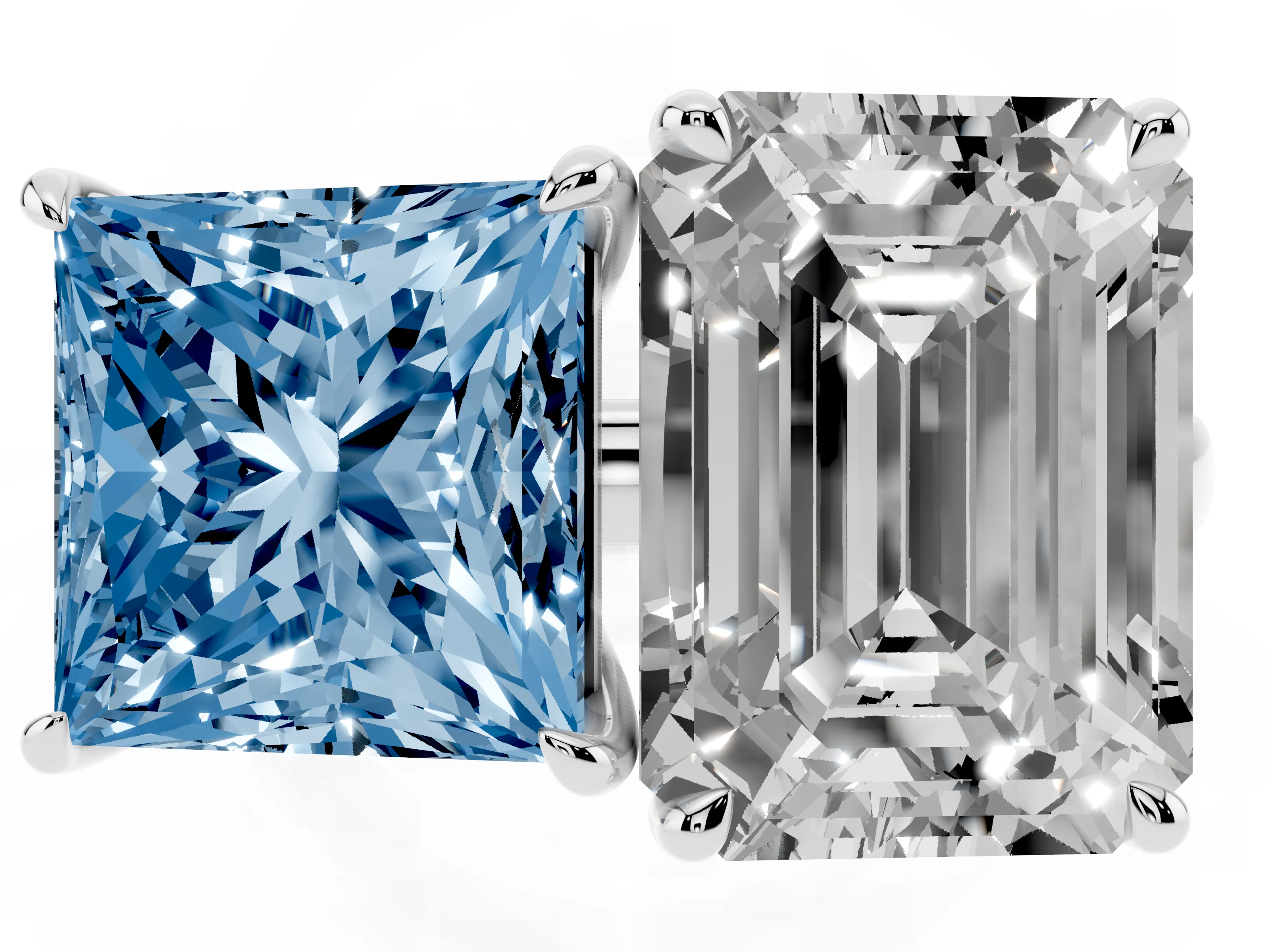 Fancy Blue Princess Cut and Emerald Cut Toi Moi Ring Set in Silver with Prong Setting