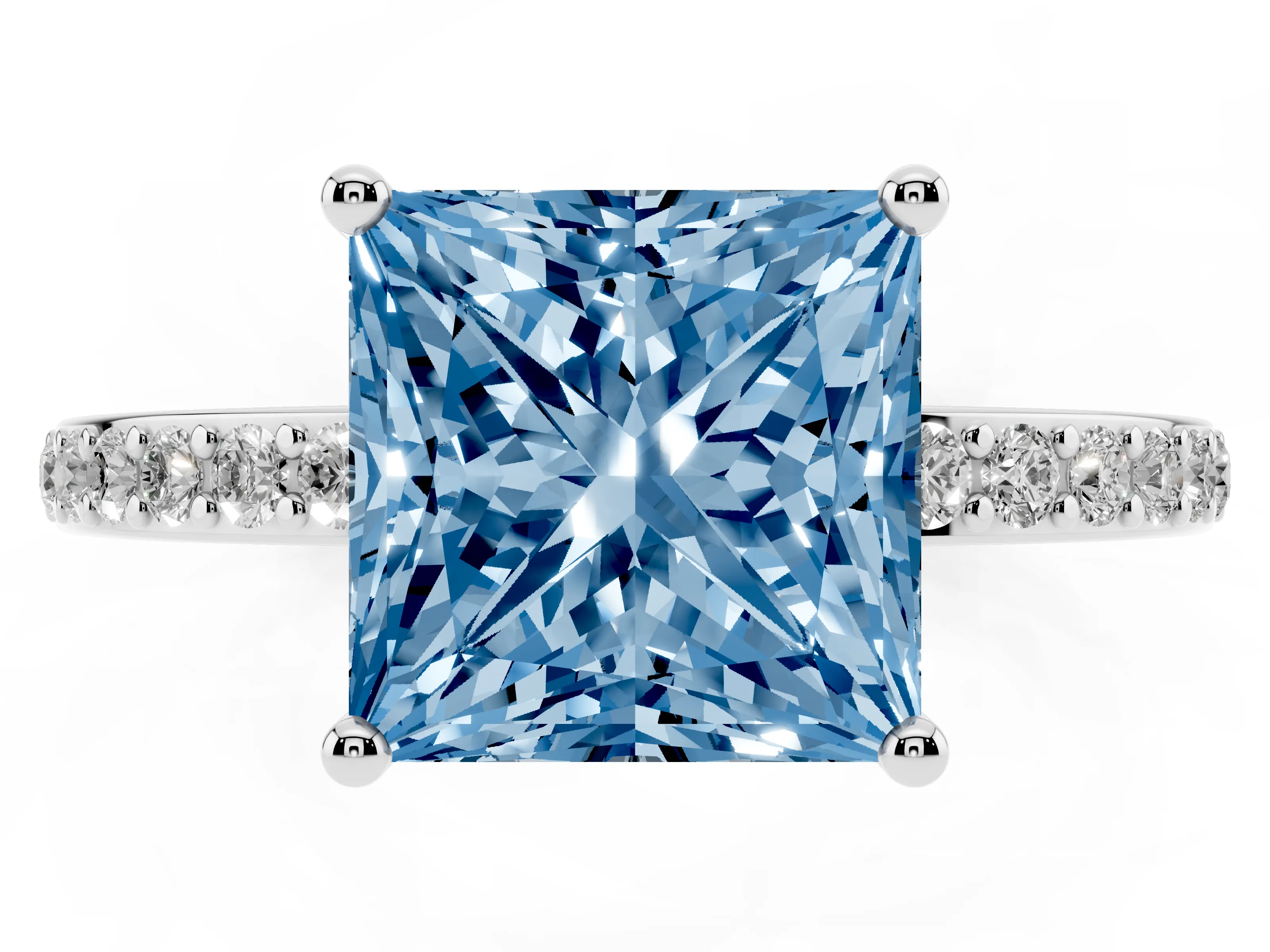 Fancy Blue Princess Cut Diamond Pavé Band Ring Set in White gold with Prong-Set Center Stone