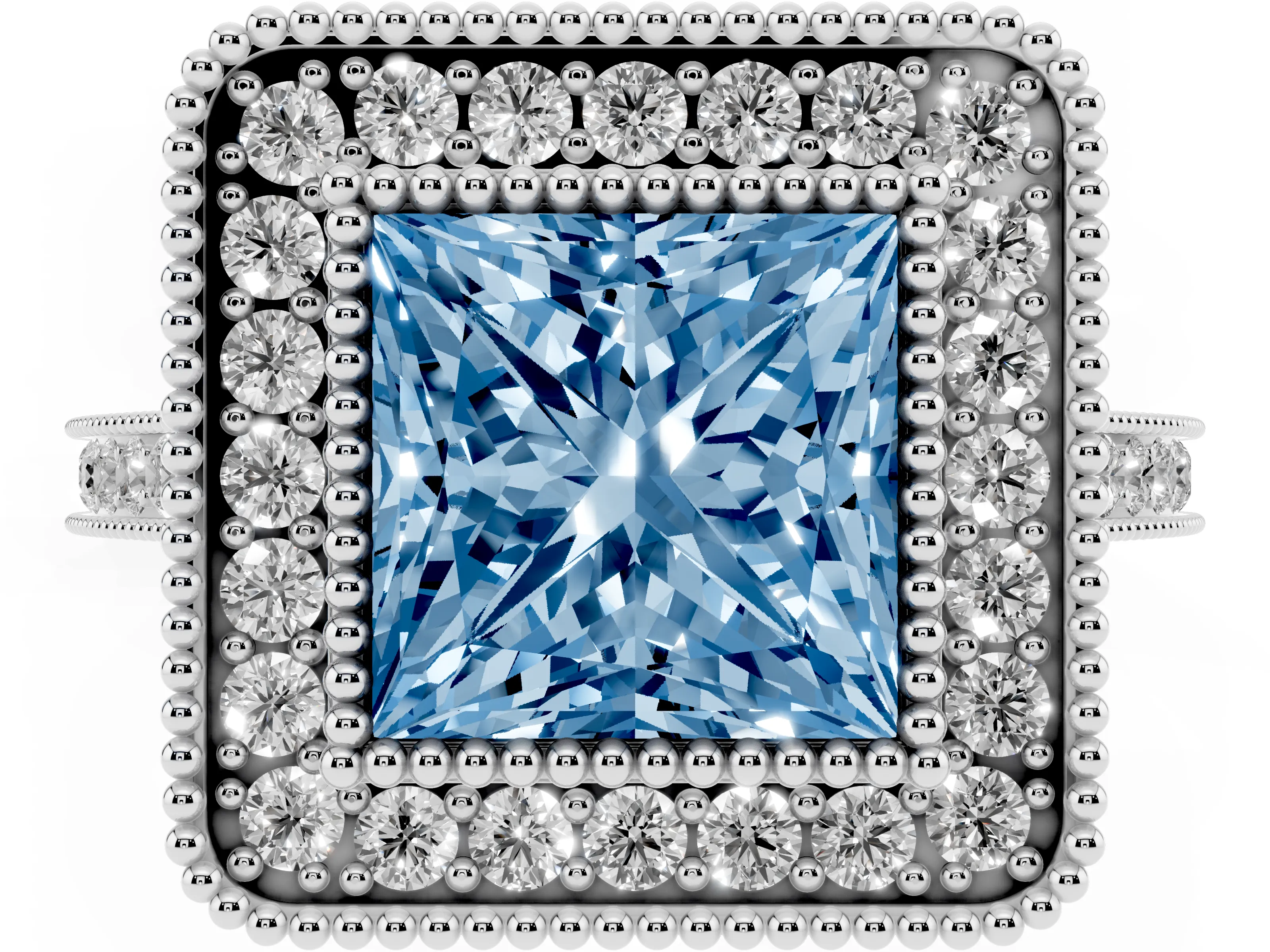 Fancy Blue Princess Cut Diamond Halo Ring Set in Silver with Milgrain Frame and Pavé Band