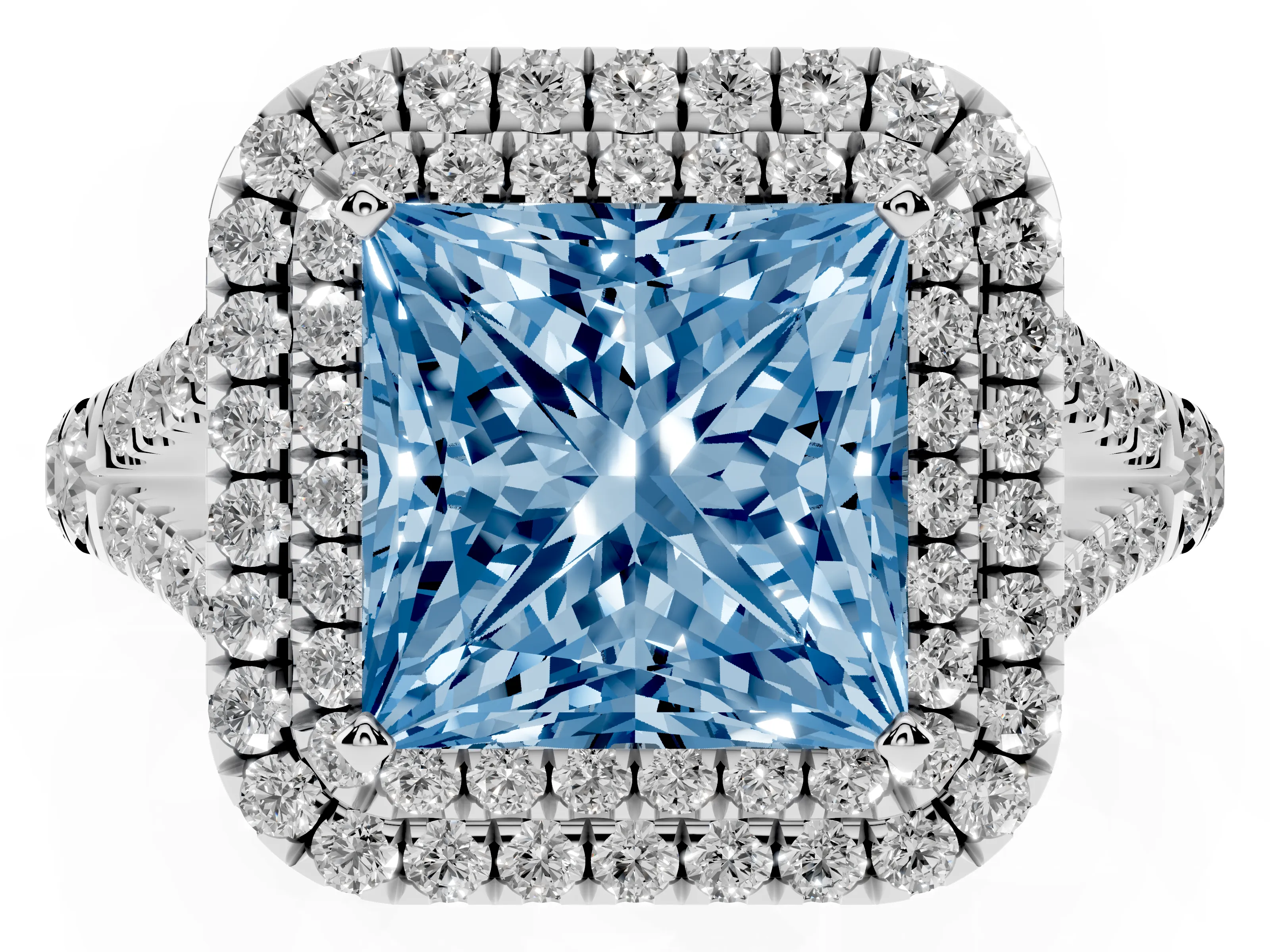 Fancy Blue Princess Cut Diamond Pavé Split Shank Double Halo Engagement Ring Set in Platinum