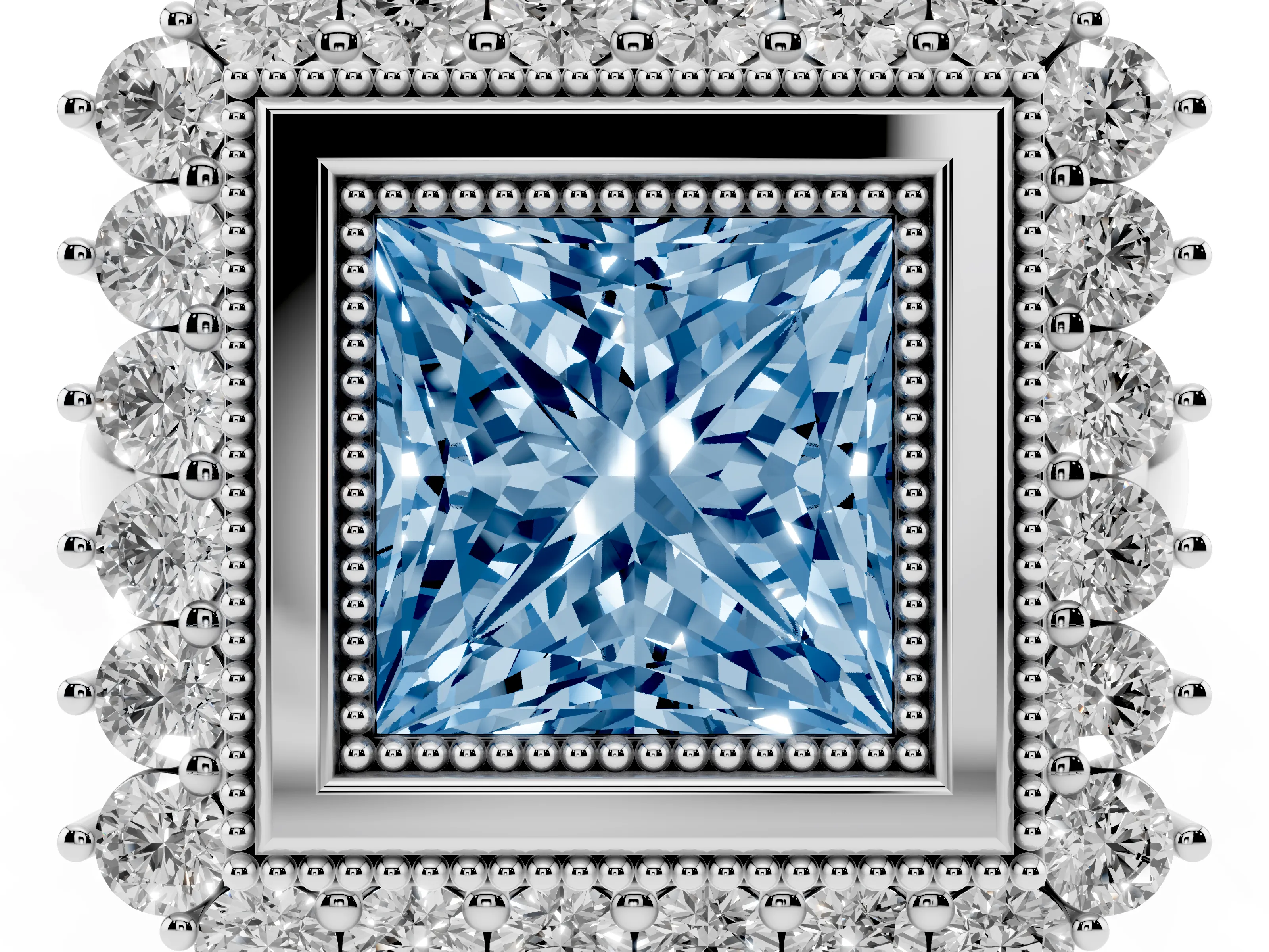Fancy Blue Princess Cut Diamond Halo Ring Set in Silver with Milgrain Edge and Round Prong Setting