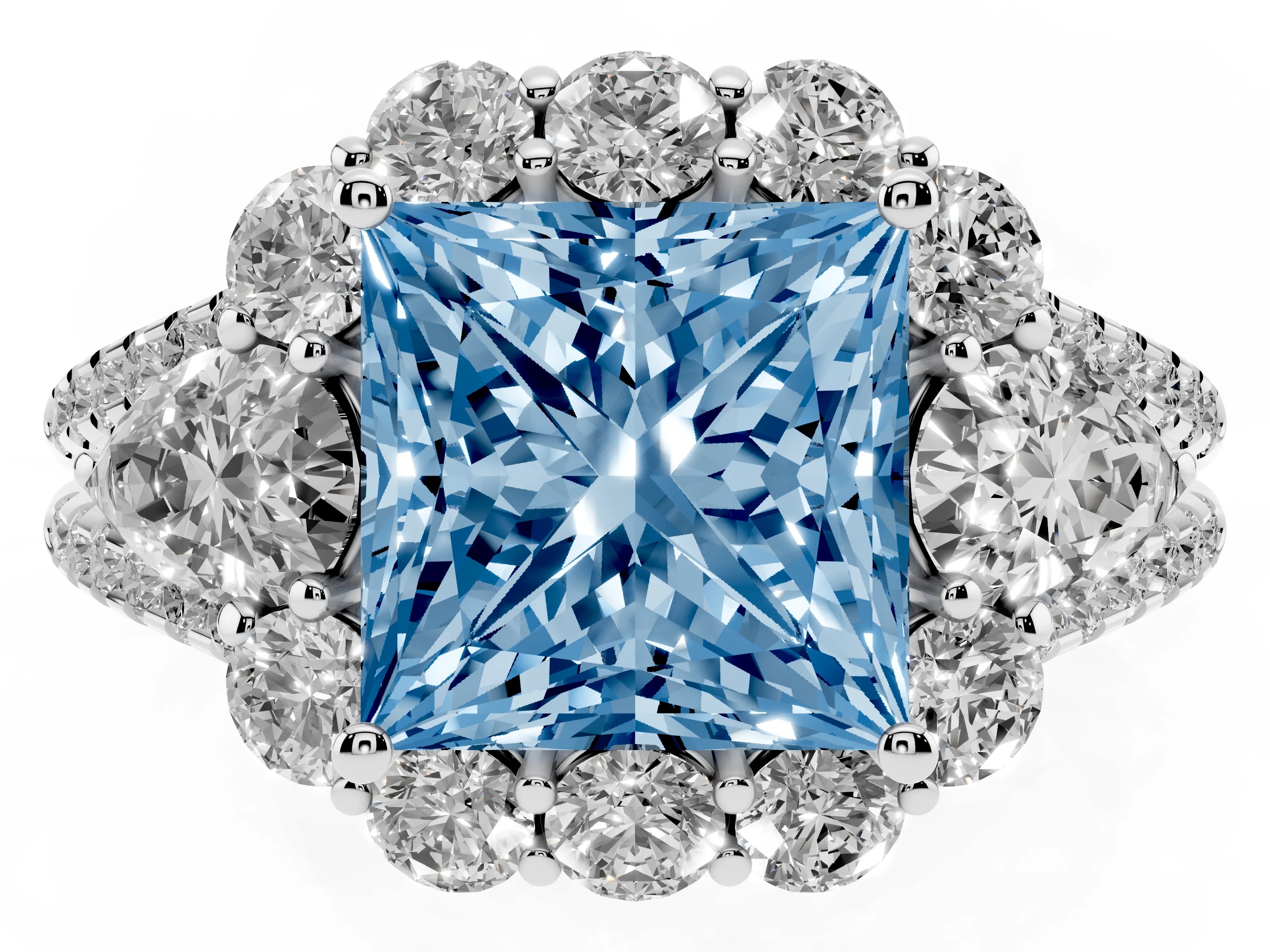 Fancy Blue Princess Cut Diamond Halo Split Shank Engagement Ring Set in Platinum with Prong-Held Center Stone