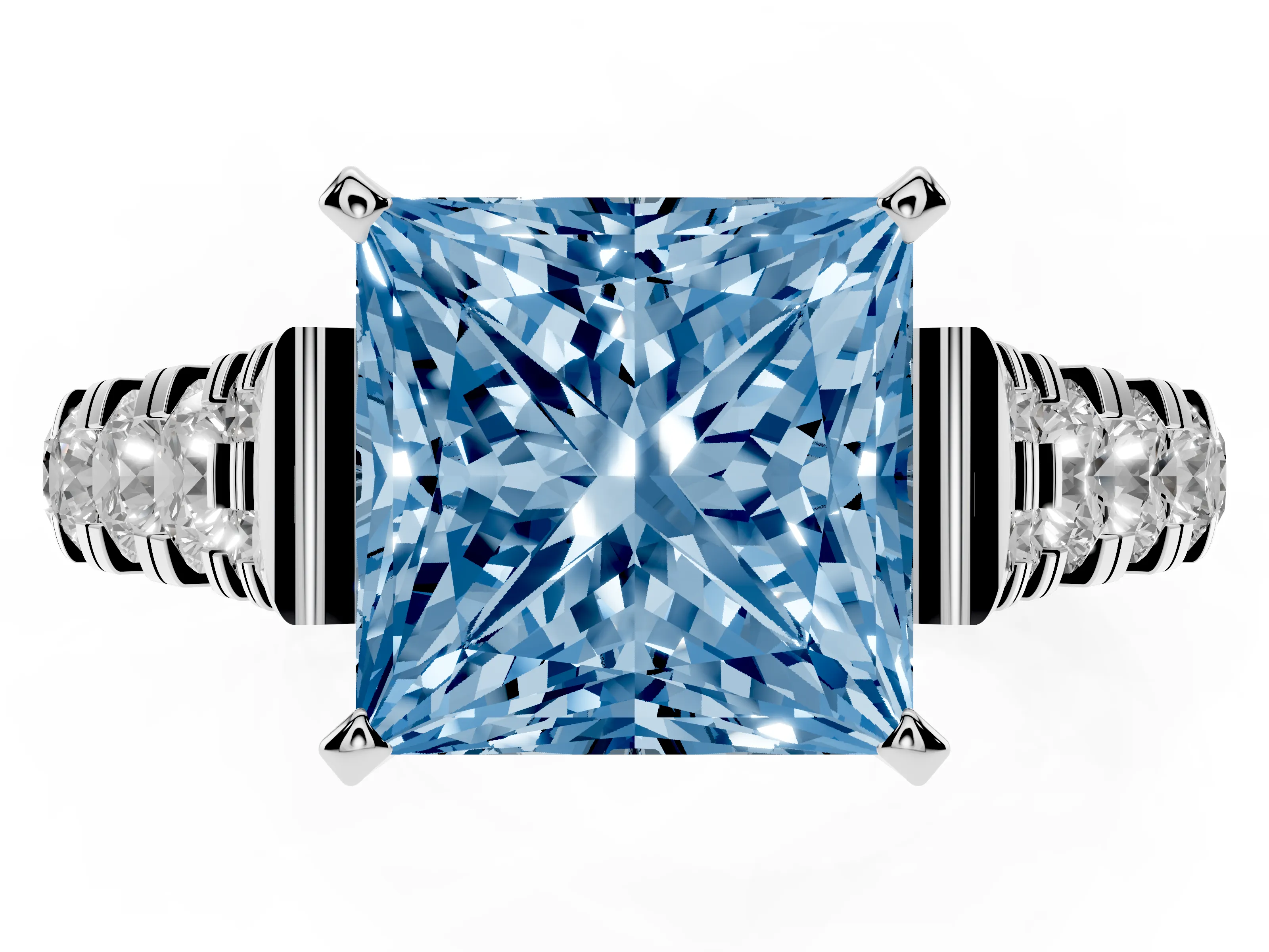 Fancy Blue Princess Cut Diamond Classic Solitaire Ring Set in White gold with Pavé Band and Prong Setting