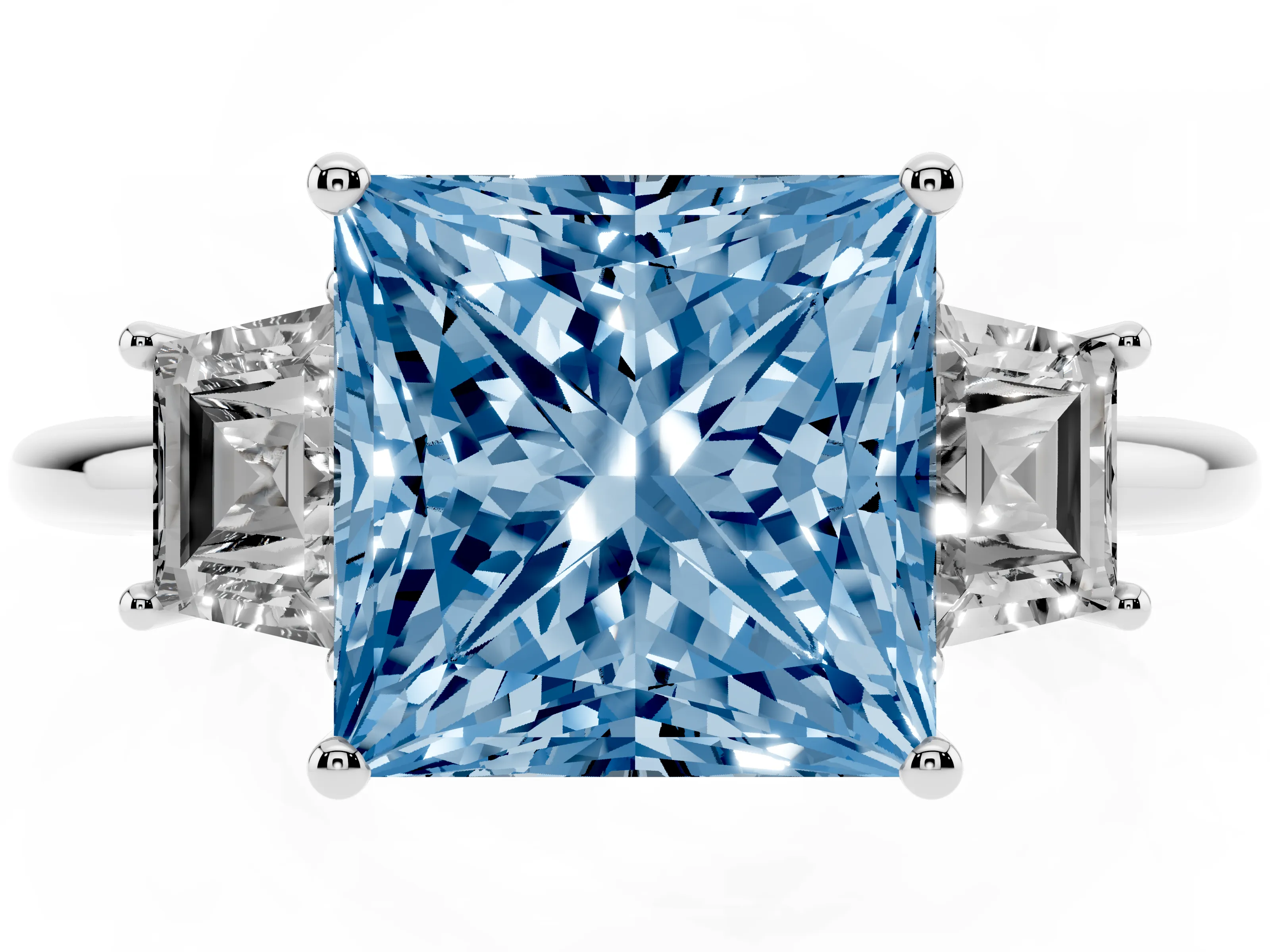 Fancy Blue Princess Cut Diamond Three-Stone Ring Set in Silver with Trapezoid Side Stones and Prong Setting