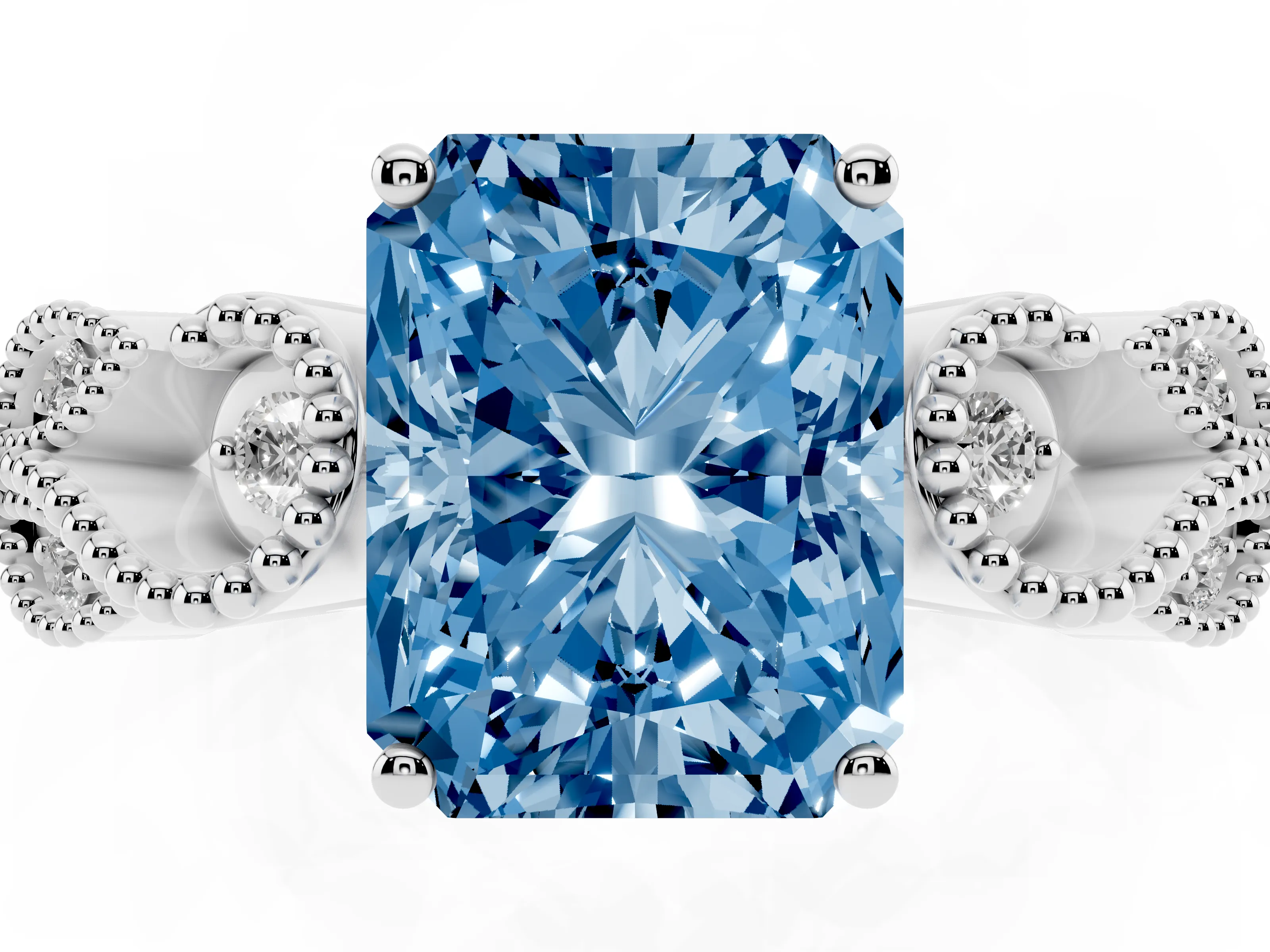 Fancy Blue Princess Cut Diamond Milgrain Leaf Band Solitaire Ring Set in Platinum with Accent Stones and Prong Setting