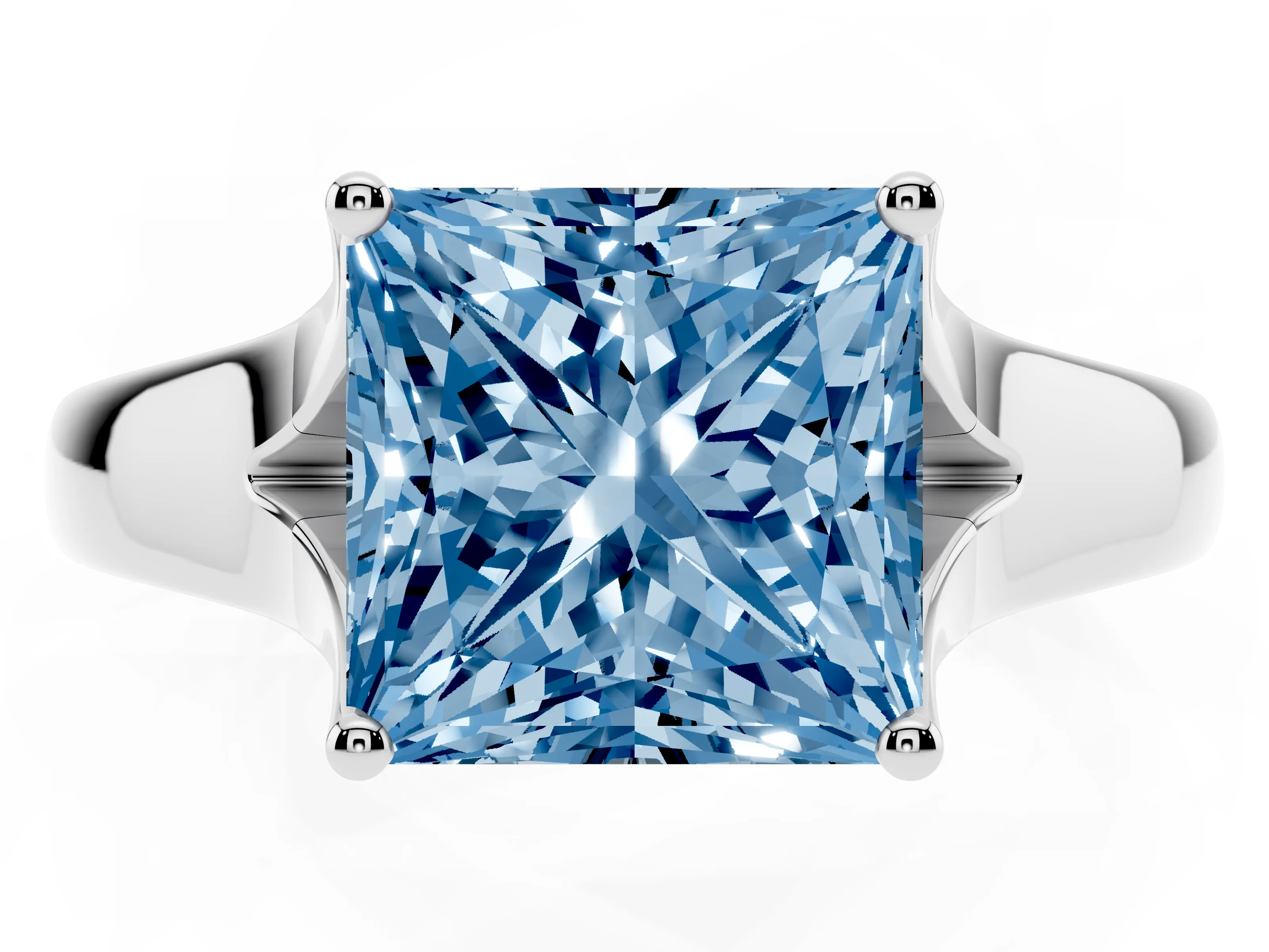 Fancy Blue Princess Cut Diamond Solitaire Ring Set in Platinum with Arched Cathedral Band and Prong Setting