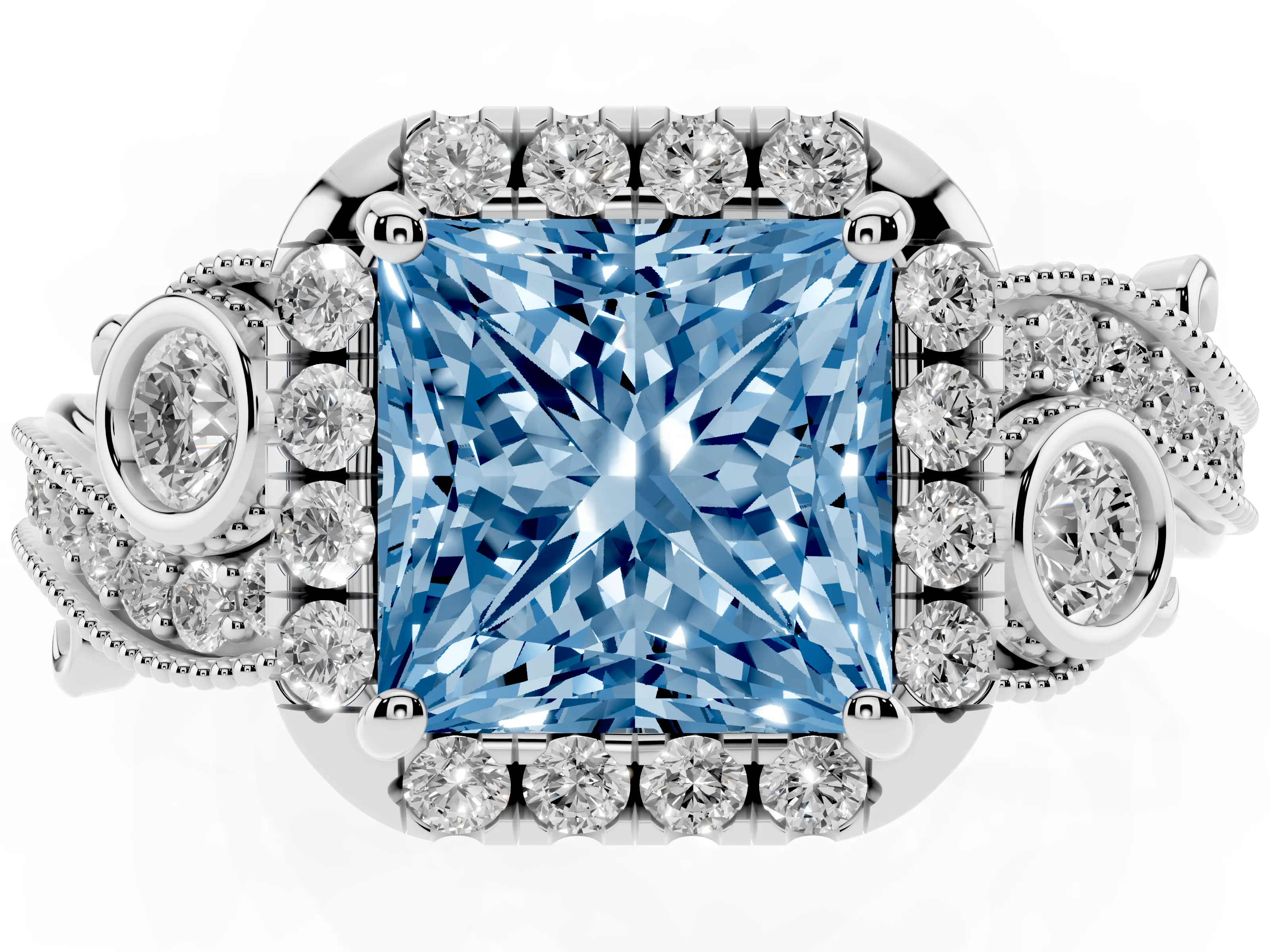Fancy Blue Princess Cut Diamond Halo Ring Set in Silver with Milgrain Pavé Band and Prong Setting