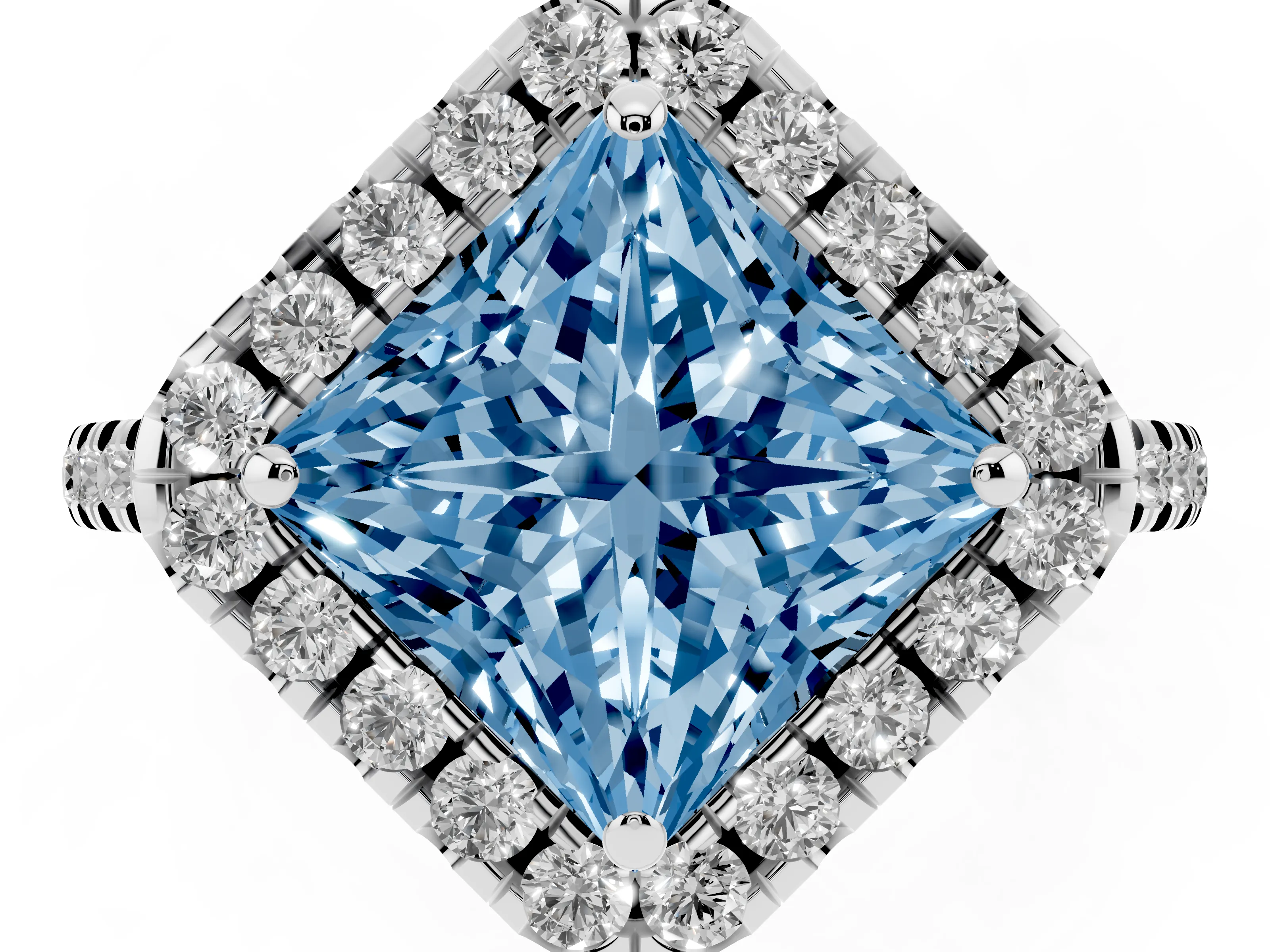 Fancy Blue Princess Cut Diamond Cushion Halo Ring Set in Silver with Pavé Band