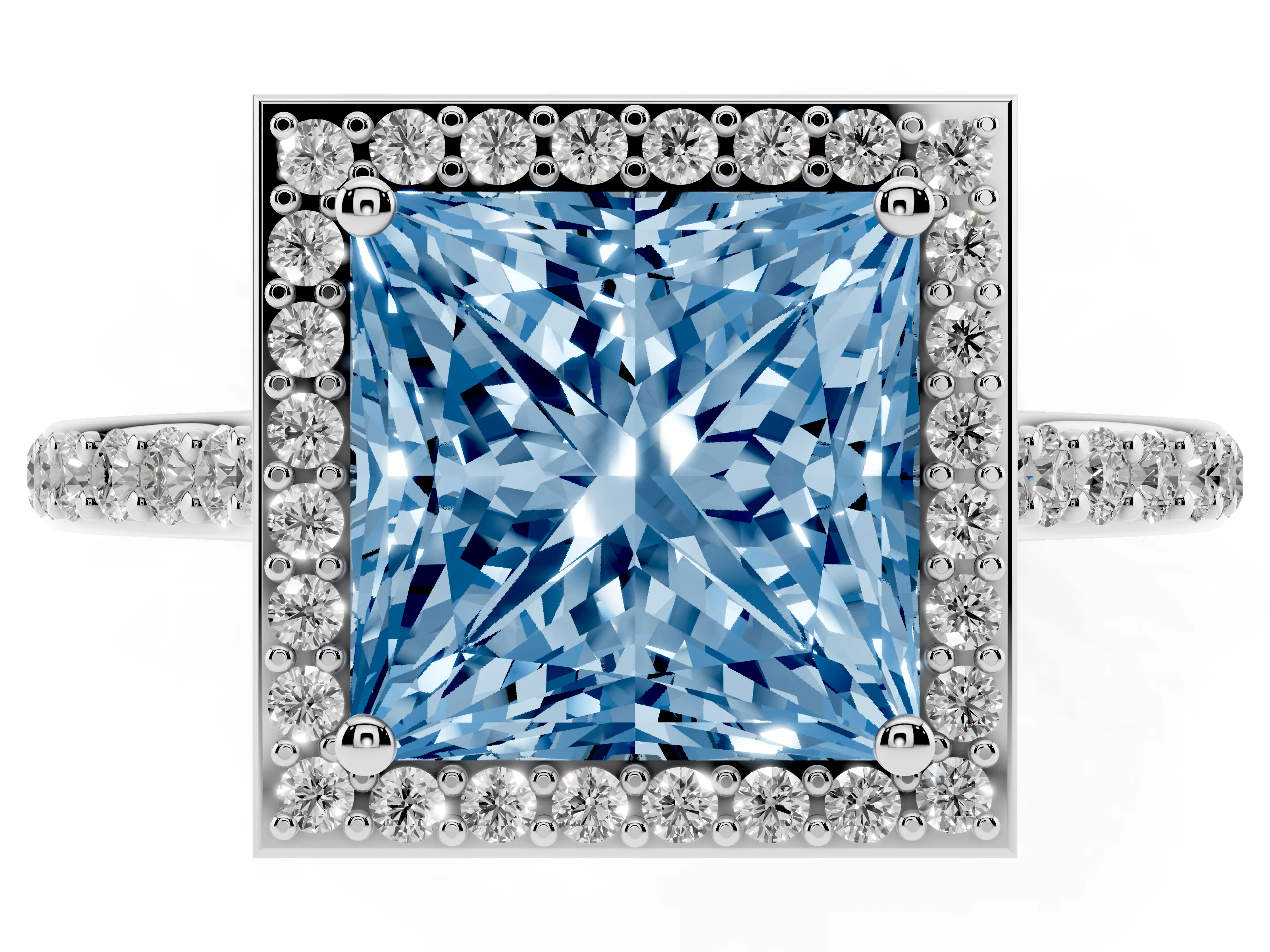 Fancy Blue Princess Cut Diamond Halo Engagement Ring Set in White gold with Round Pavé Shoulders and Heart Gallery
