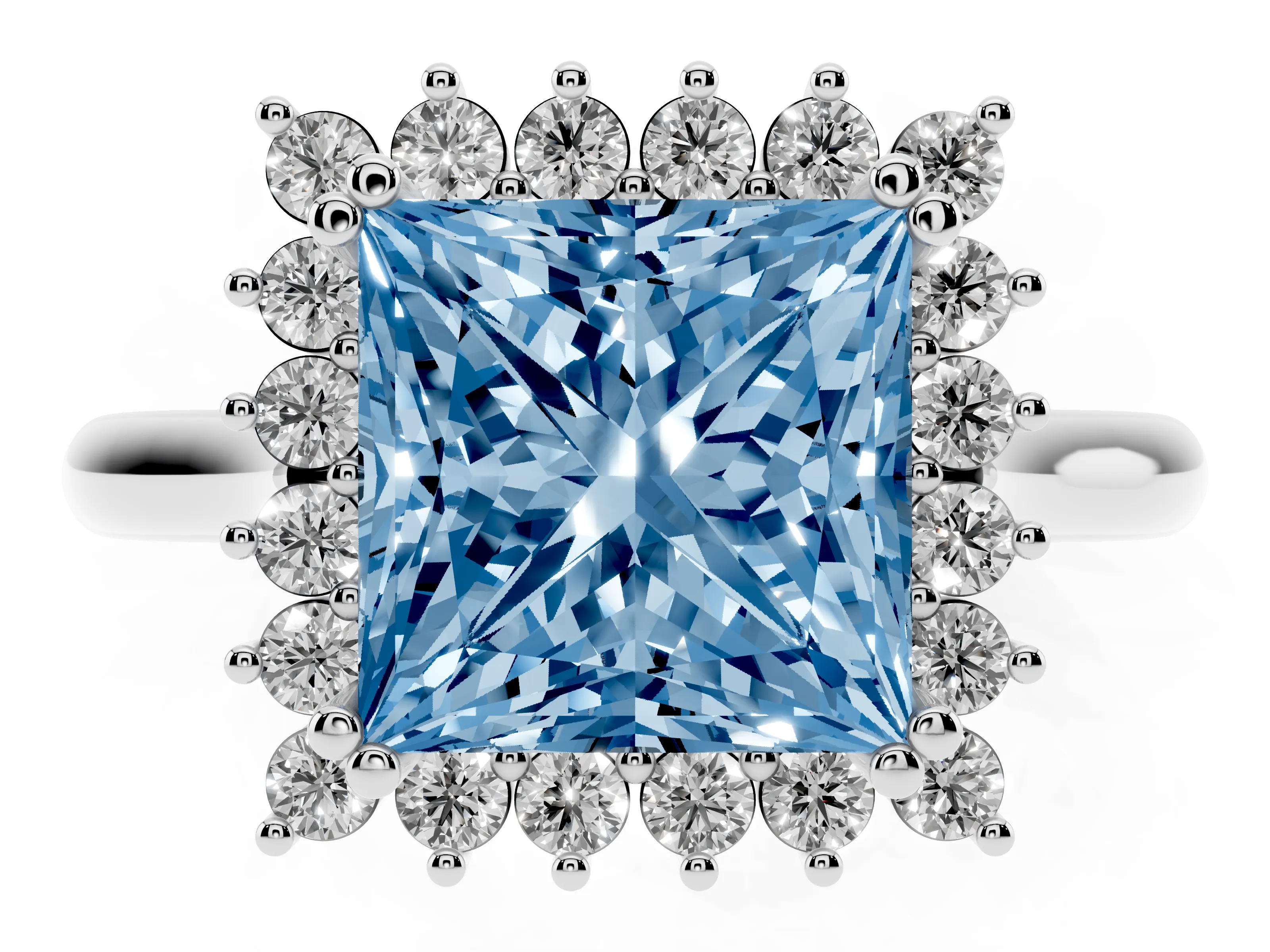 Fancy Blue Princess Cut Diamond Halo Ring Set in Platinum with Plain Solitaire Band and Prong Setting