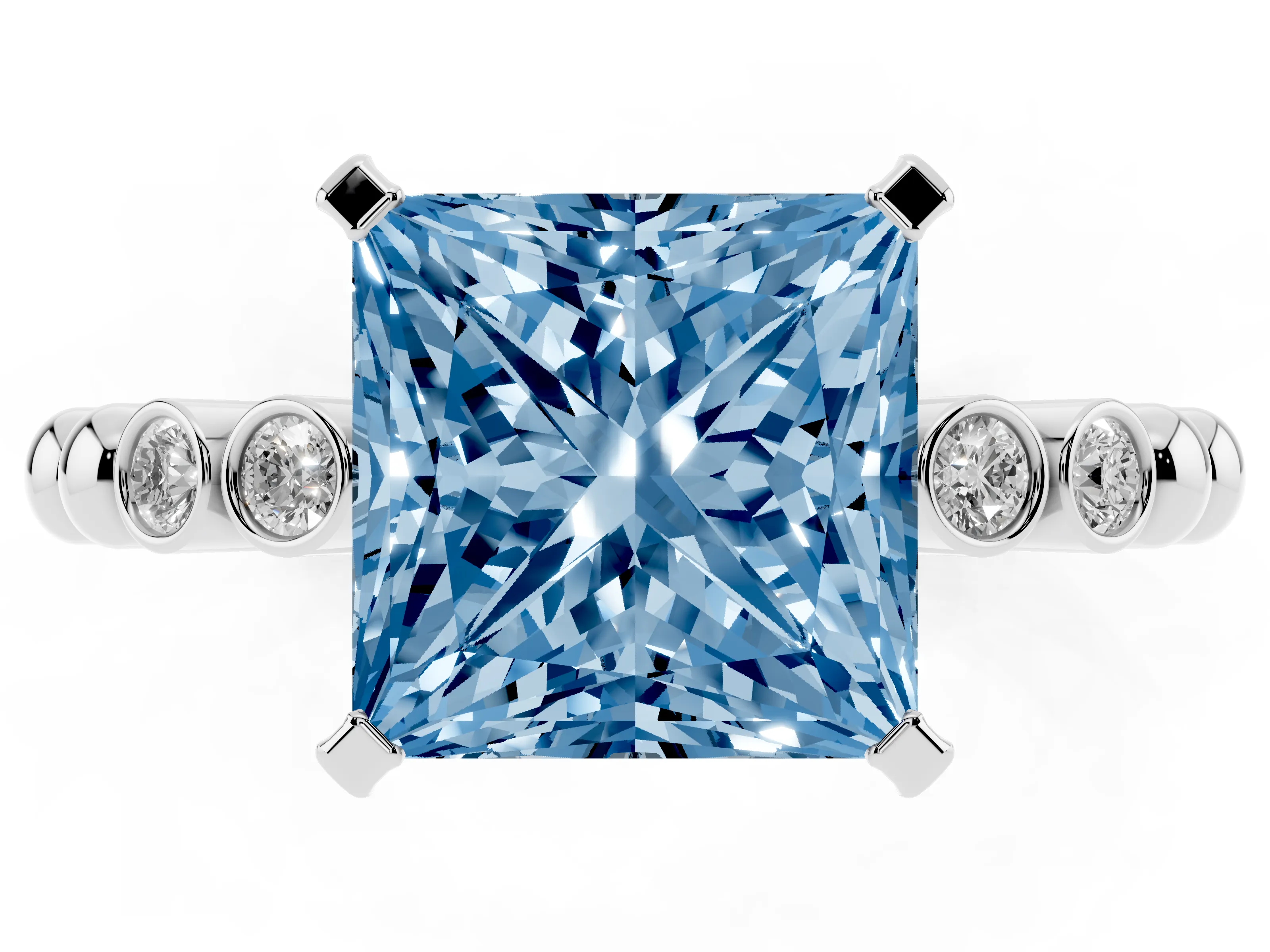 Fancy Blue Princess Cut Diamond Solitaire Engagement Ring Set in Silver with Bezel Accents on Beaded Band