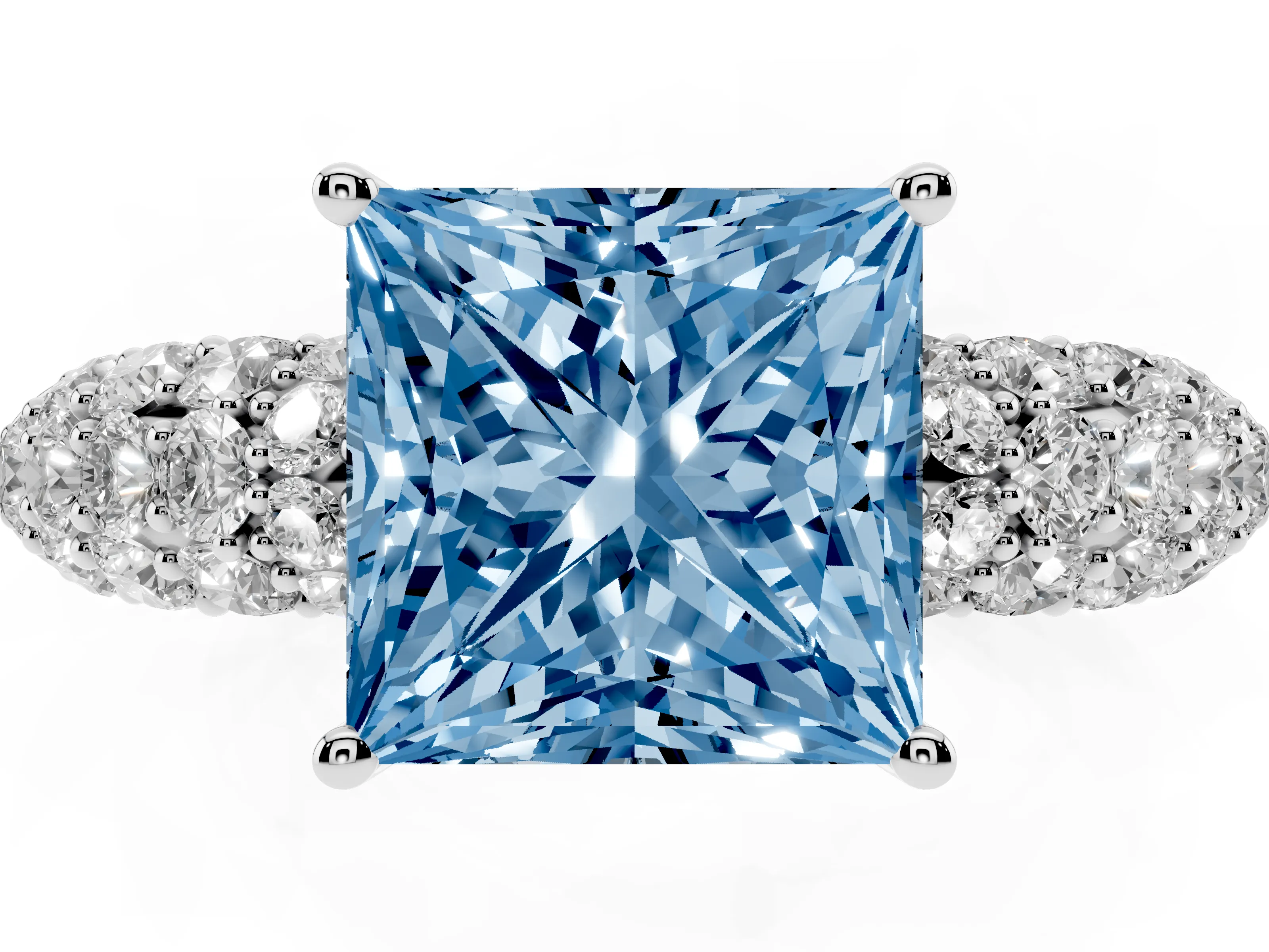 Fancy Blue Princess Cut Diamond Pavé Band Solitaire Ring Set in White gold with Close-Set Accent Stones and Prong Setting