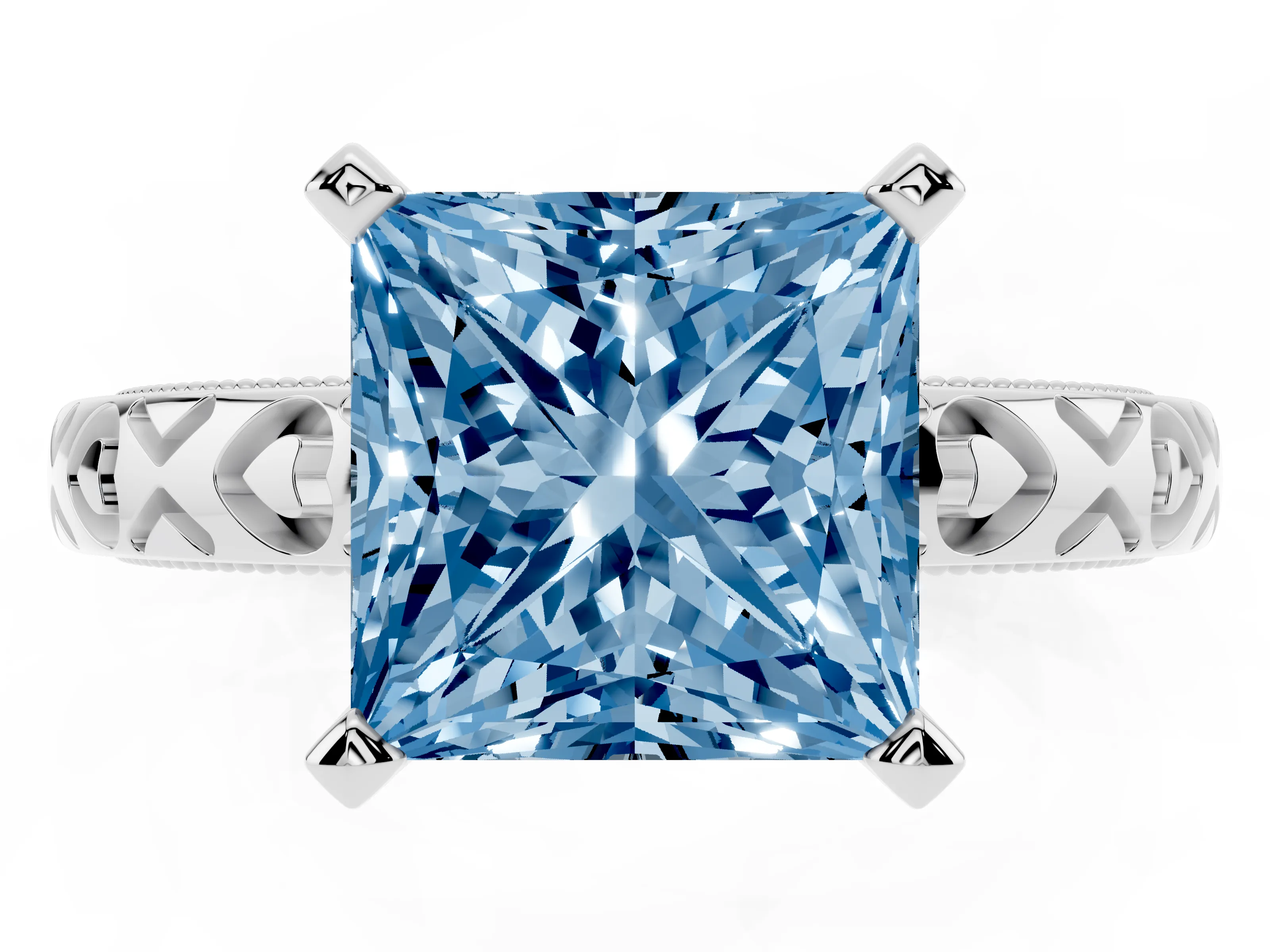 Fancy Blue Princess Cut Diamond Solitaire Engagement Ring Set in Platinum with XO Engraved Band and Prong Setting