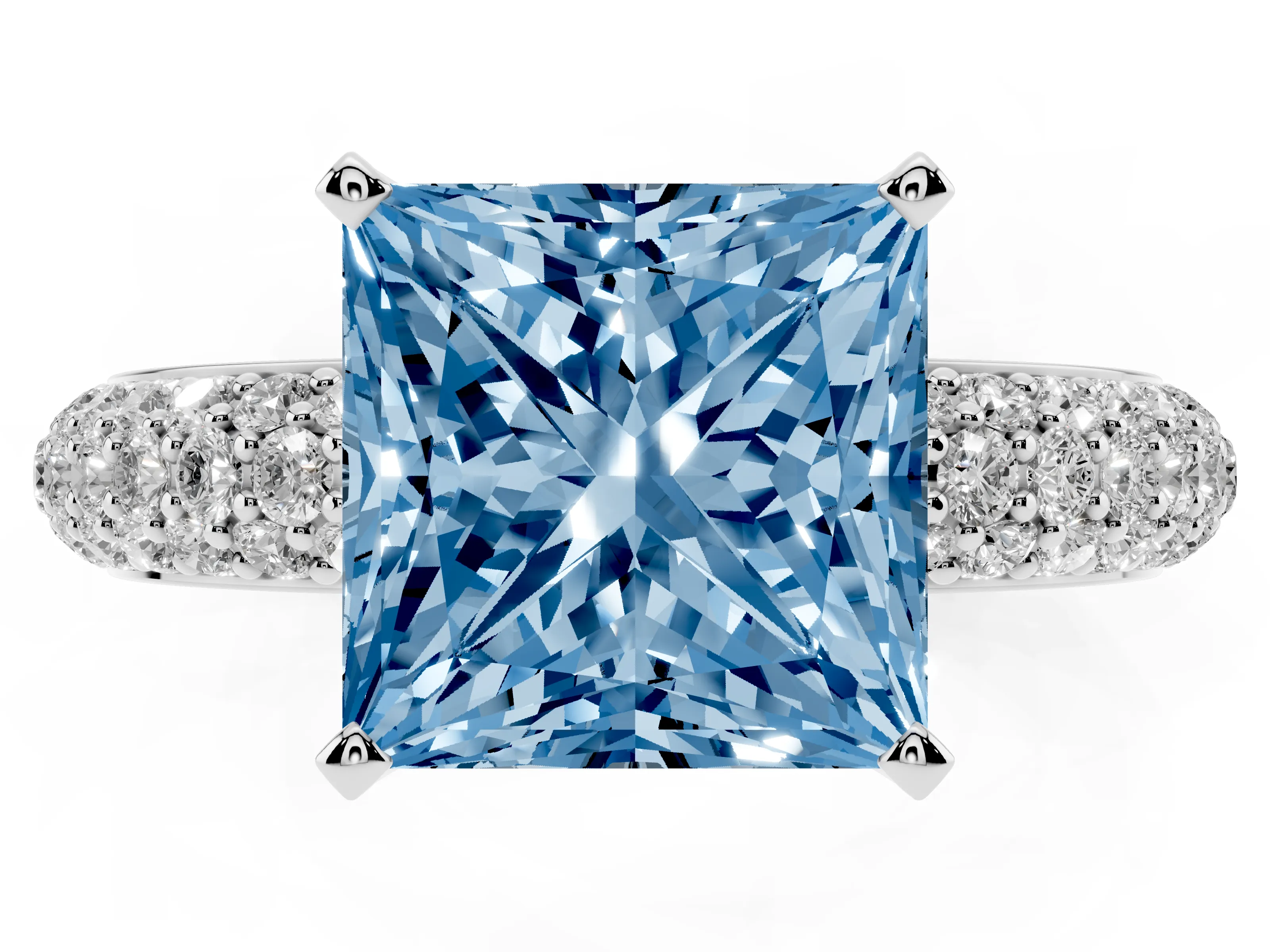 Fancy Blue Princess Cut Diamond Solitaire Ring Set in Platinum with Prong Setting and Pavé-Set Band