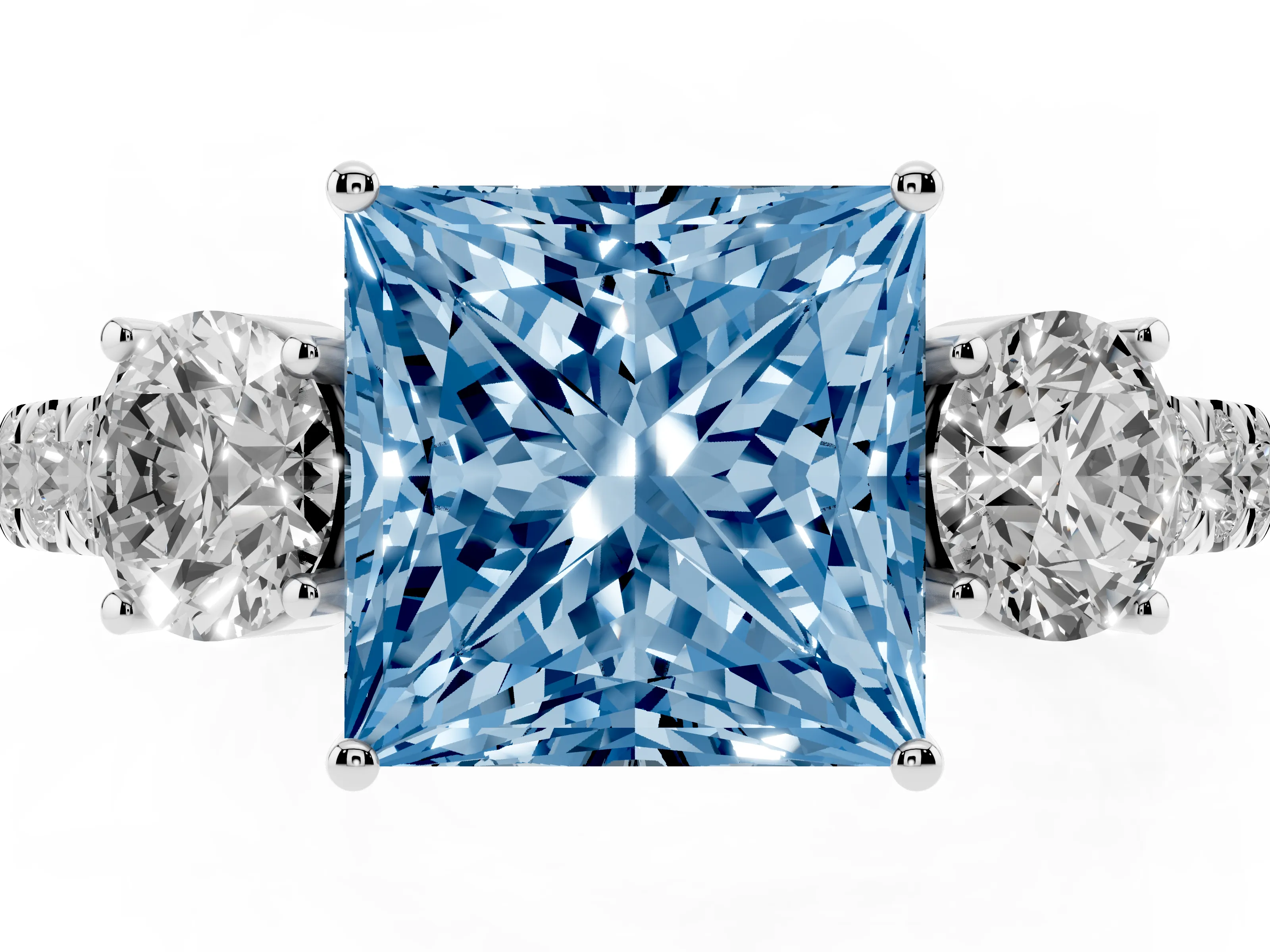 Fancy Blue Princess Cut Diamond Three-Stone Ring Set in Platinum with Round Side Stones and Delicate Pavé Band