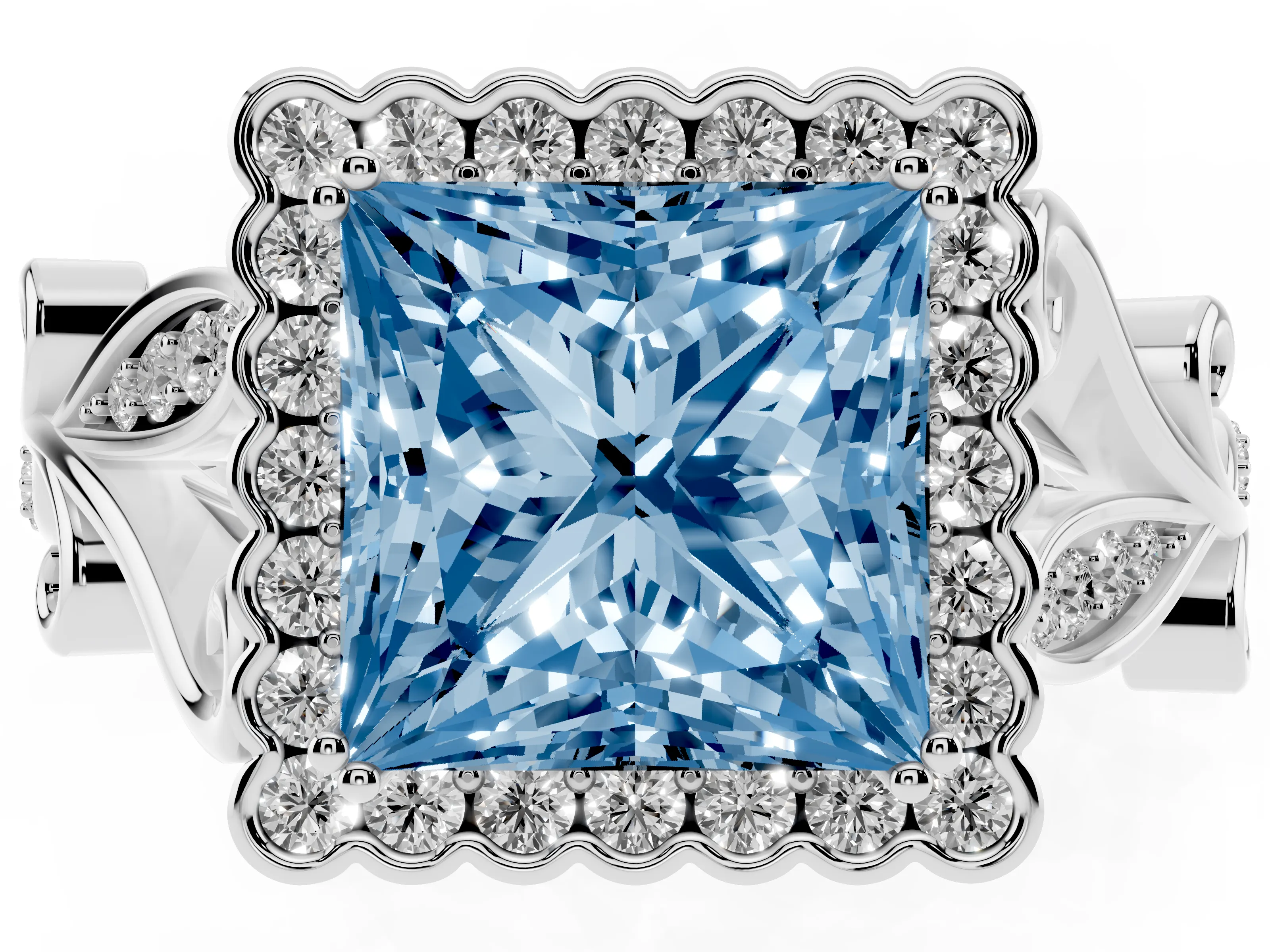 Fancy Blue Princess Cut Diamond Halo Ring Set in White gold with Leaf Motif Split Shank and Prong Setting