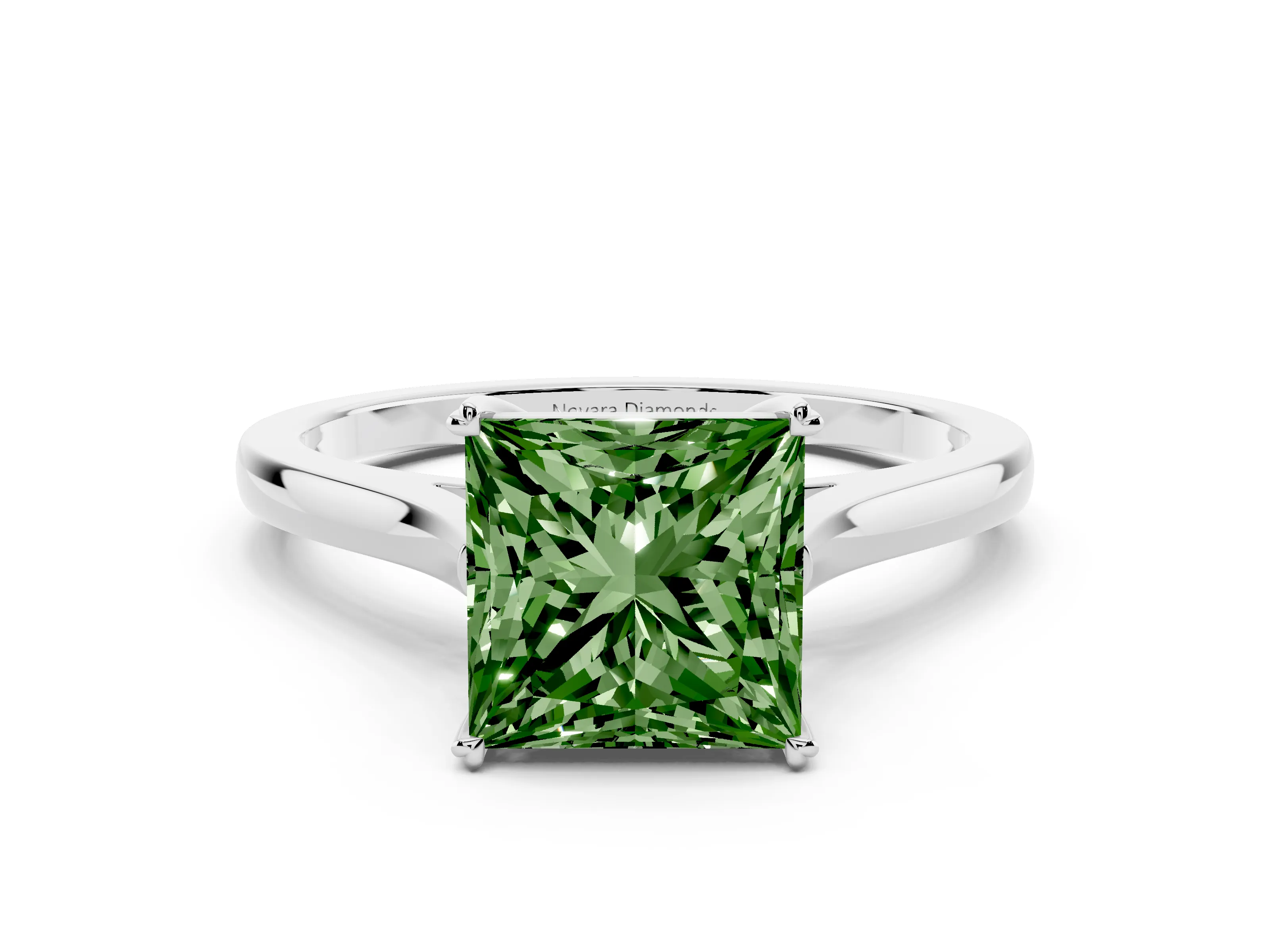 Fancy Green Princess Cut Diamond Solitaire Heart Prong Engagement Ring Set in White gold with Tapered Band