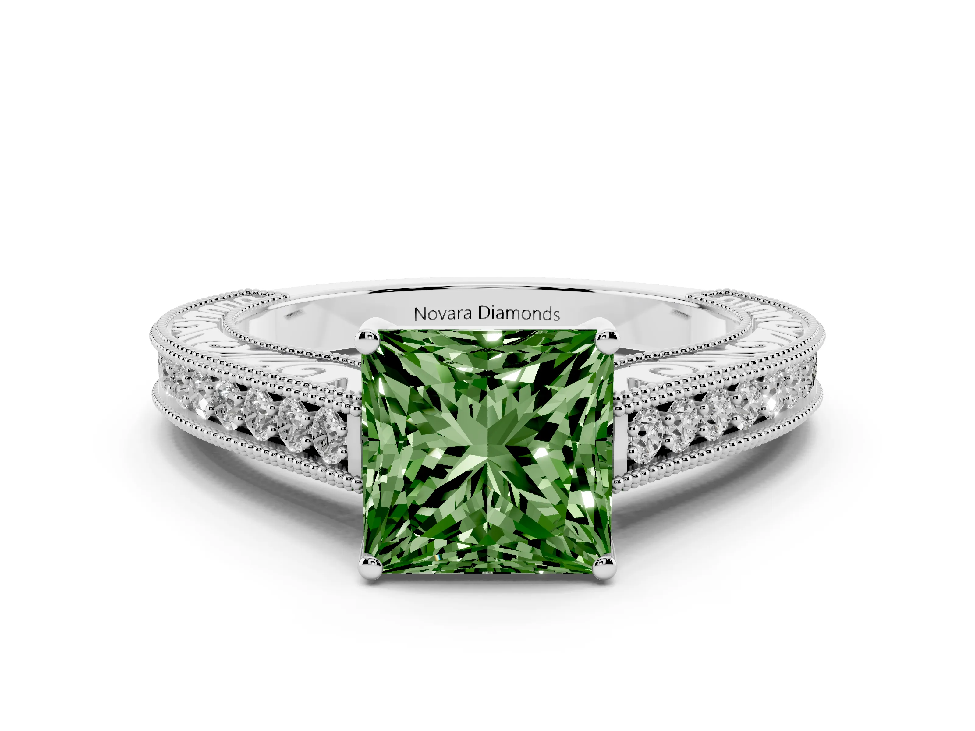 Fancy Green Princess Cut Diamond Milgrain Pavé Band Solitaire Ring Set in White gold with Prong Setting