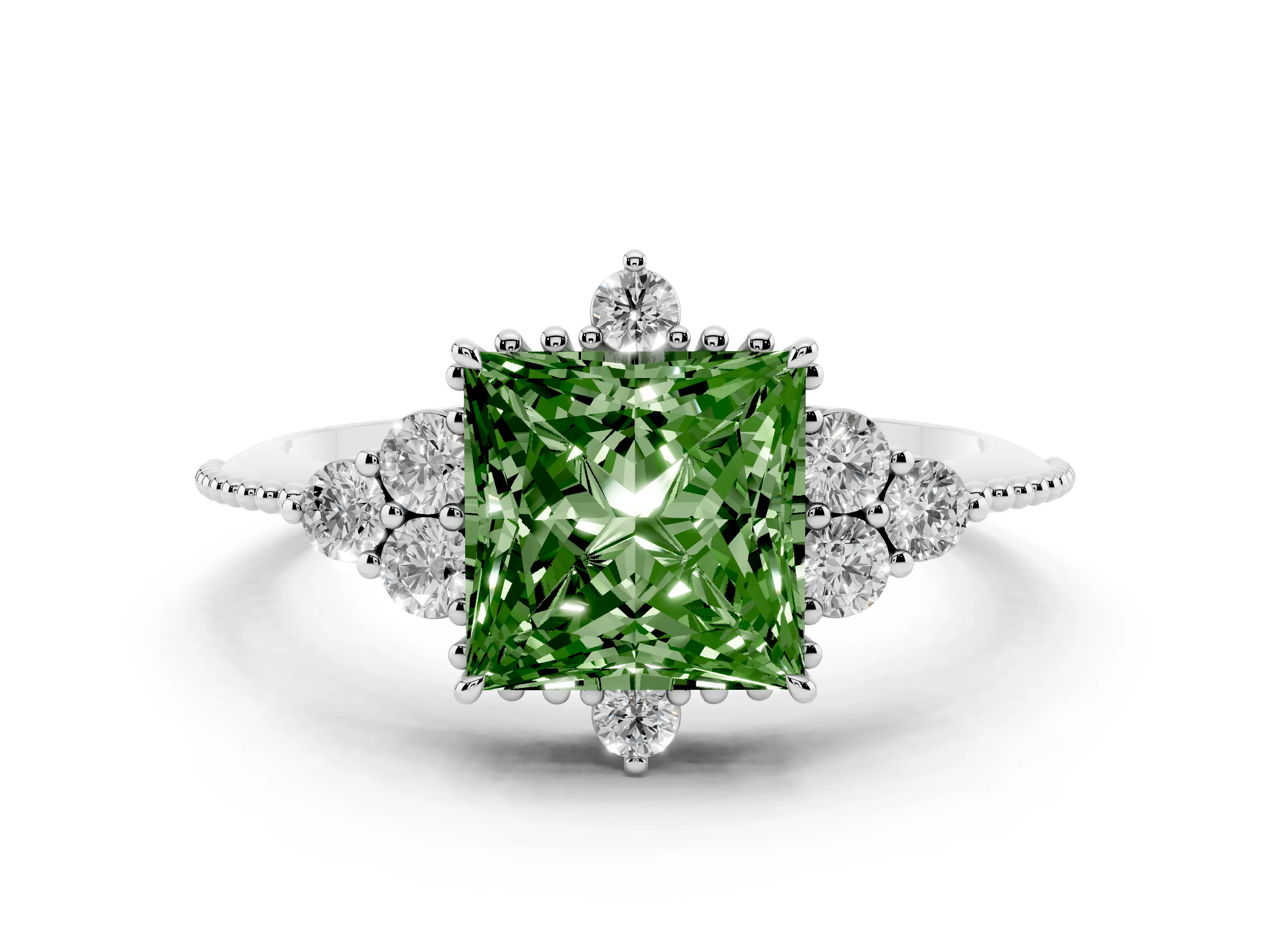 Fancy Green Princess Cut Diamond Cluster Ring Set in Silver with Beaded Band