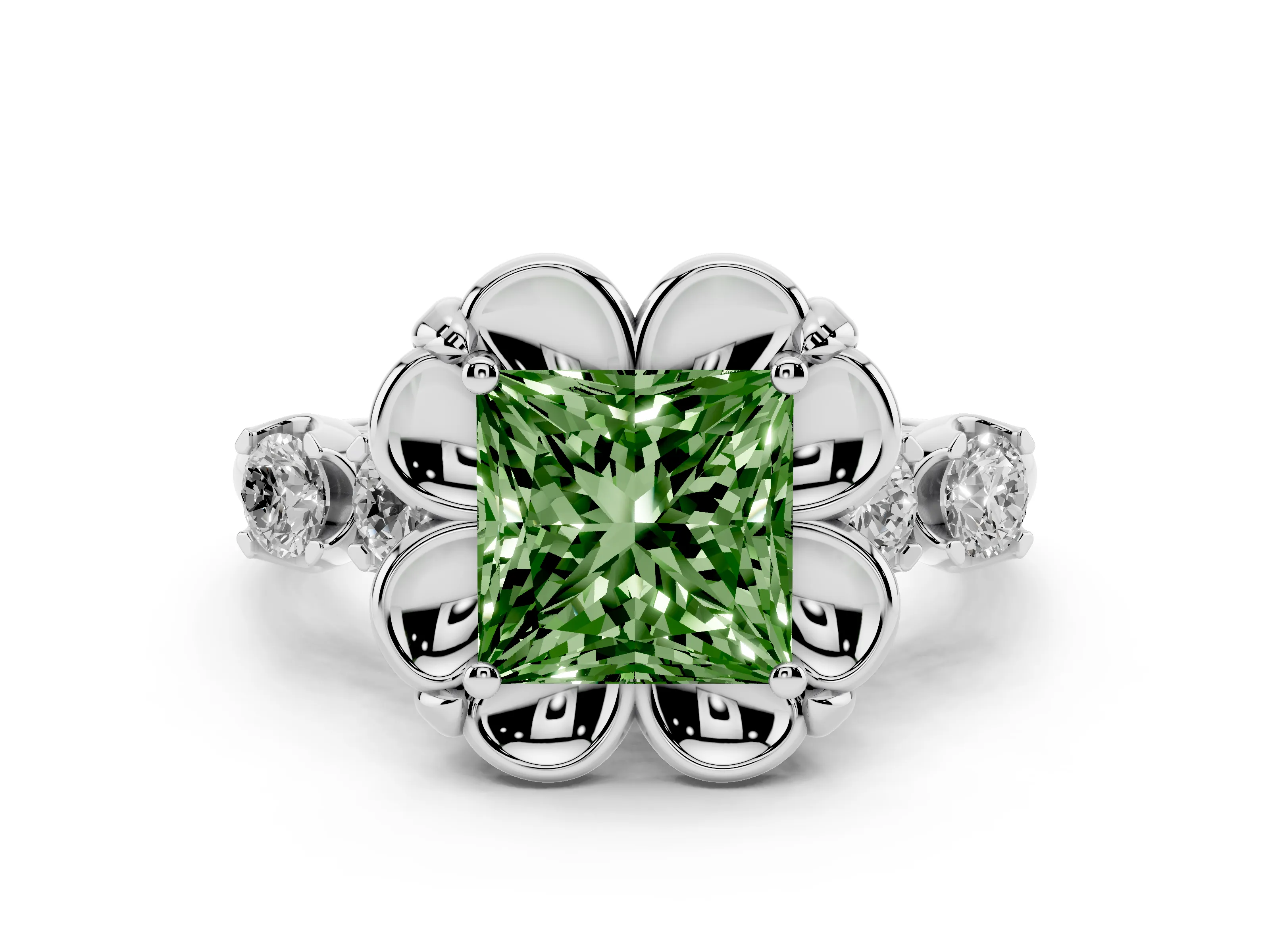 Fancy Green Princess Cut Diamond Floral Halo Ring Set in Platinum with Shared Prong Band