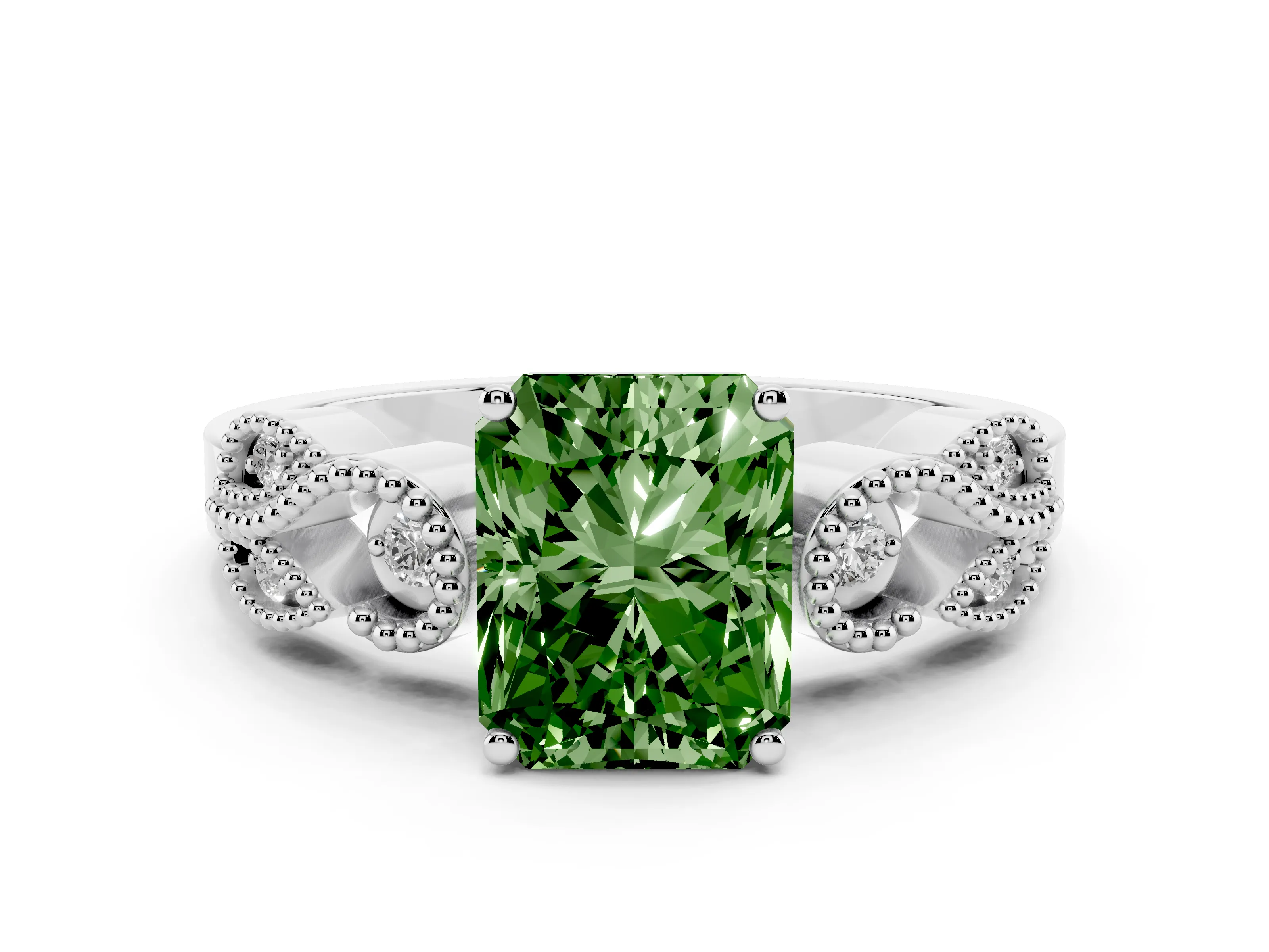 Fancy Green Princess Cut Diamond Milgrain Leaf Band Solitaire Ring Set in White gold with Accent Stones and Prong Setting