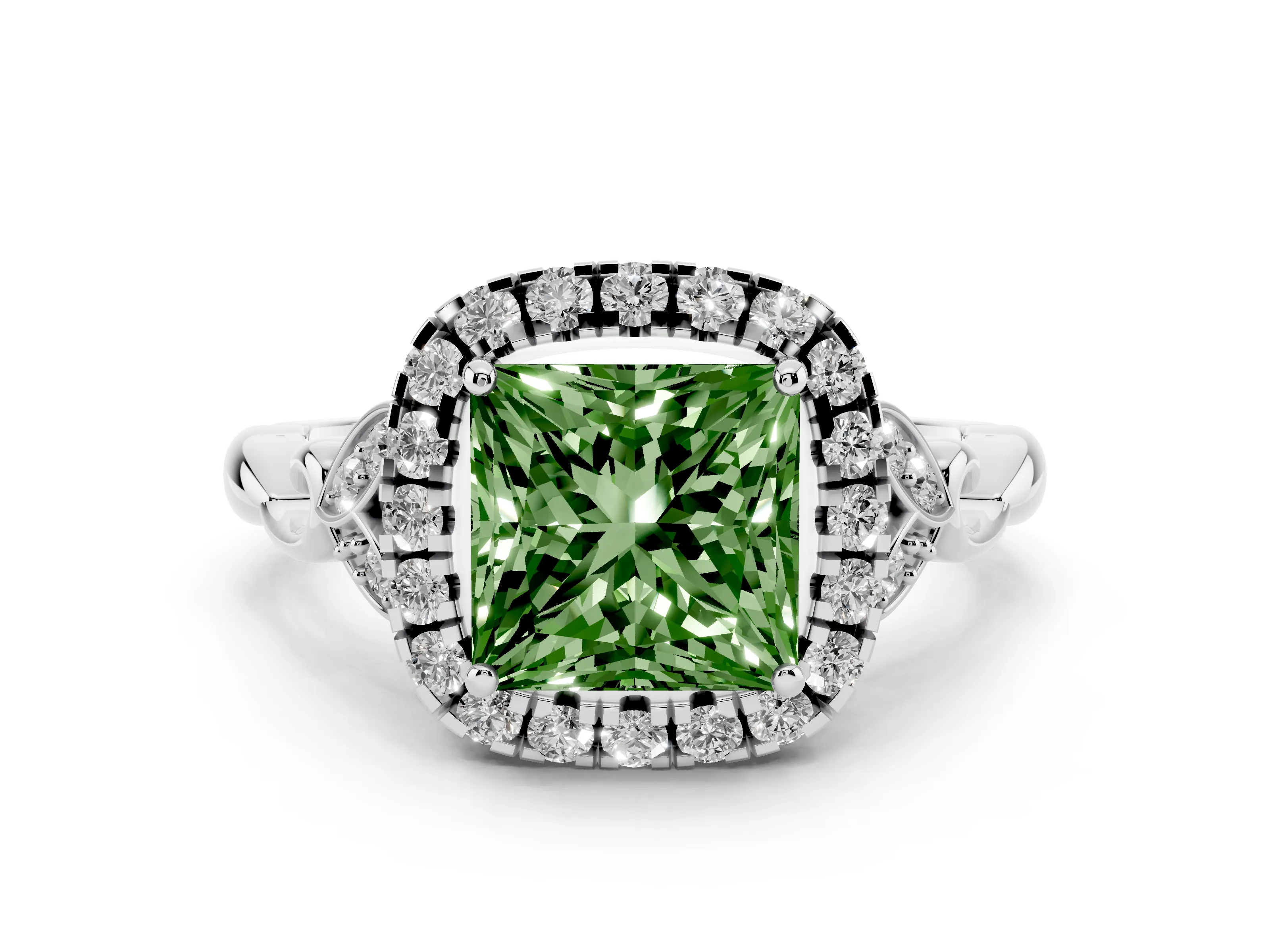Fancy Green Princess Cut Diamond Halo Engagement Ring Set in Silver with Vintage-Inspired Band and Prong Setting