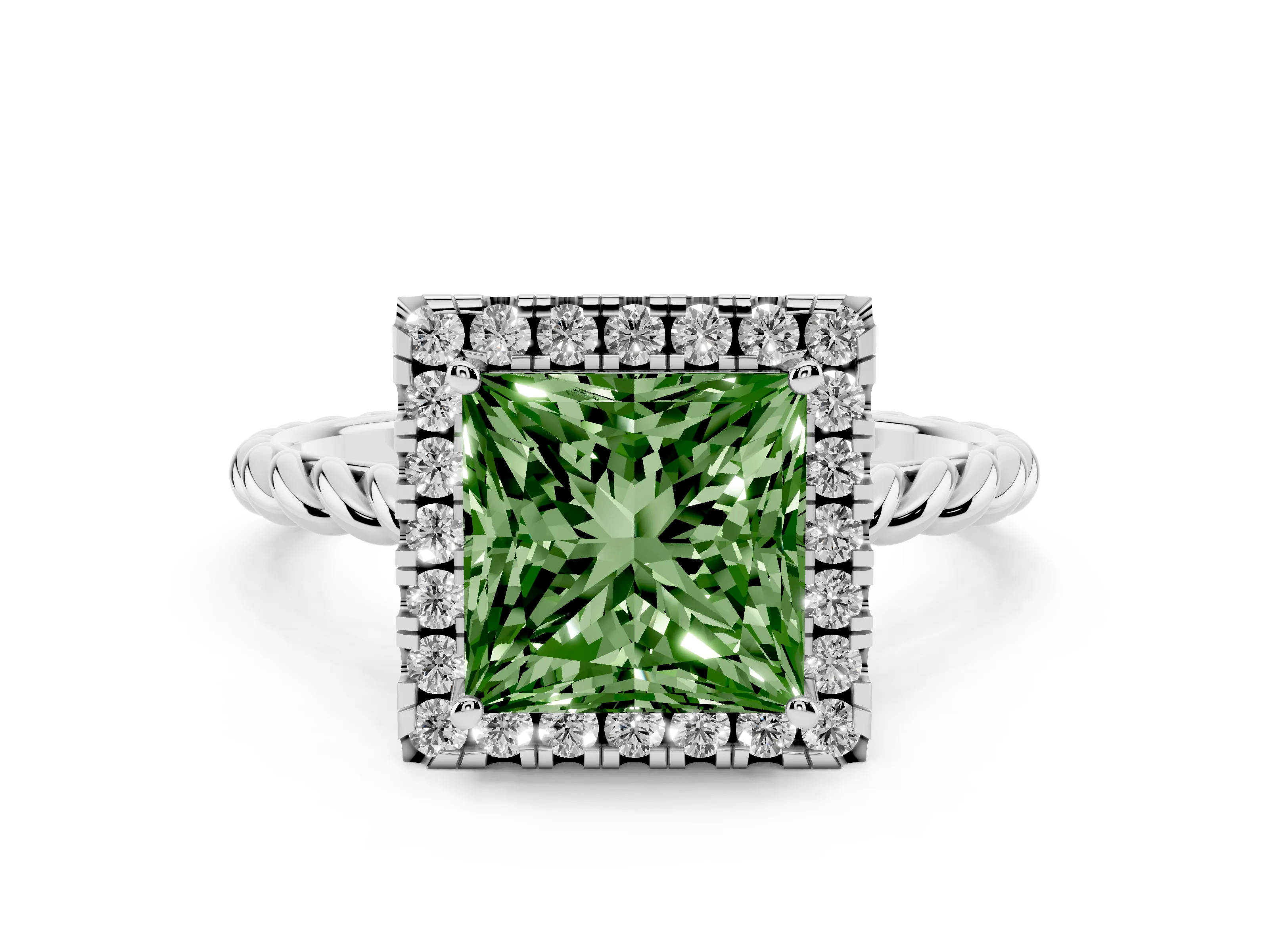 Fancy Green Princess Cut Diamond Halo Ring Set in Platinum with Plain Twisted Band