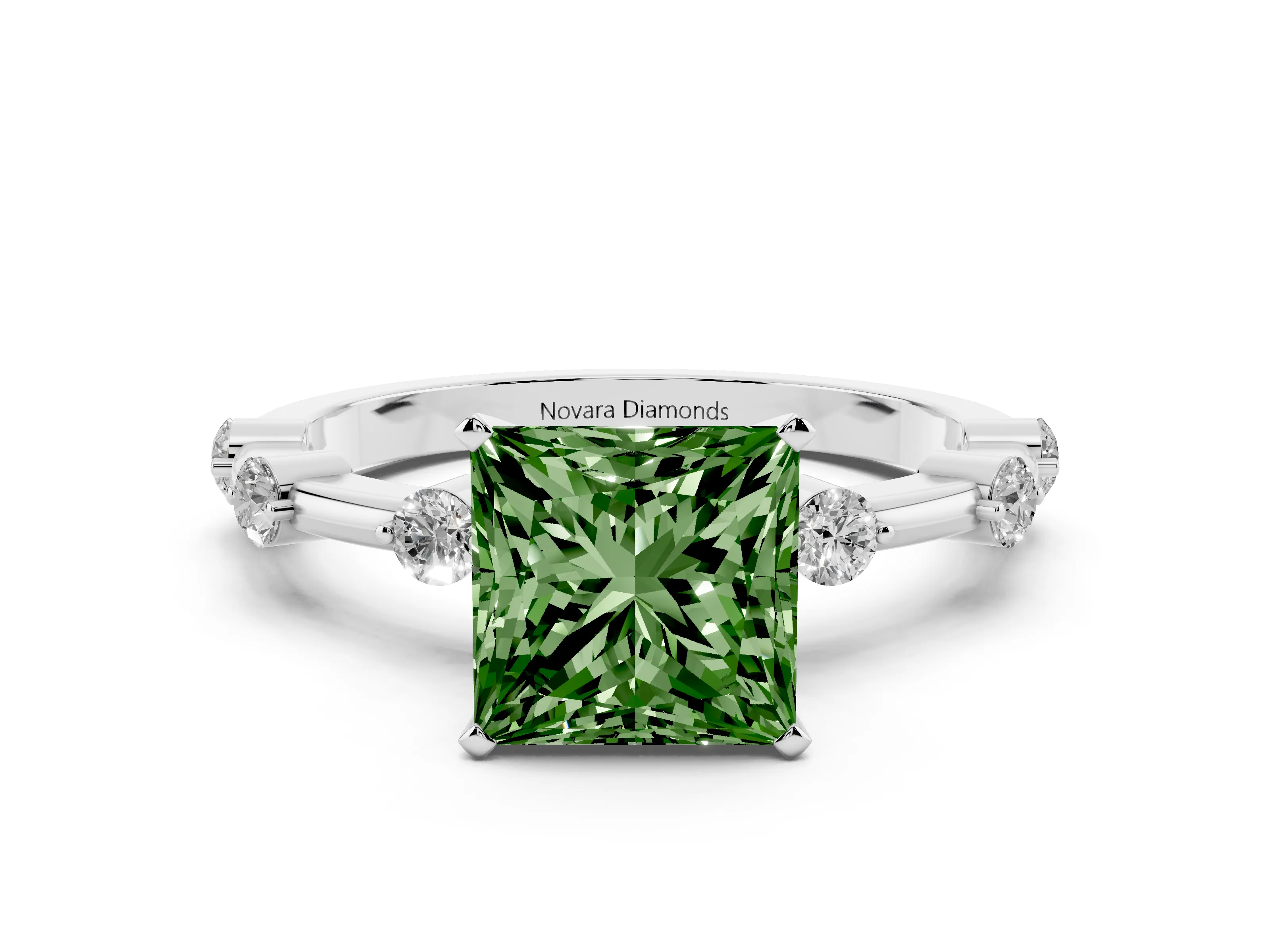 Fancy Green Princess Cut Diamond Solitaire Ring Set in Platinum with Bezel Set Side Stones and Prong Setting