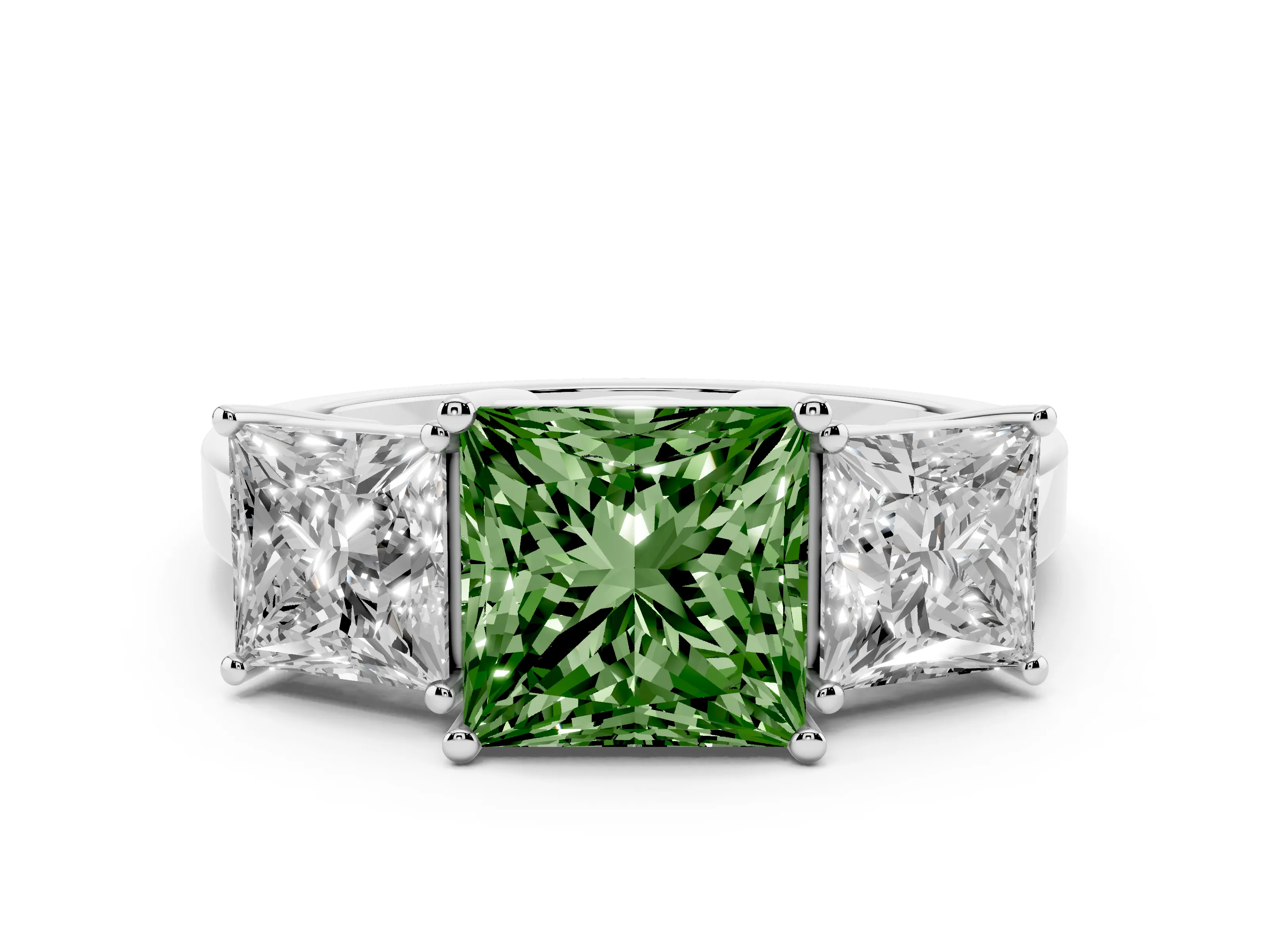 Fancy Green Princess Cut Diamond Three-Stone Engagement Ring Set in Platinum with Flat Band