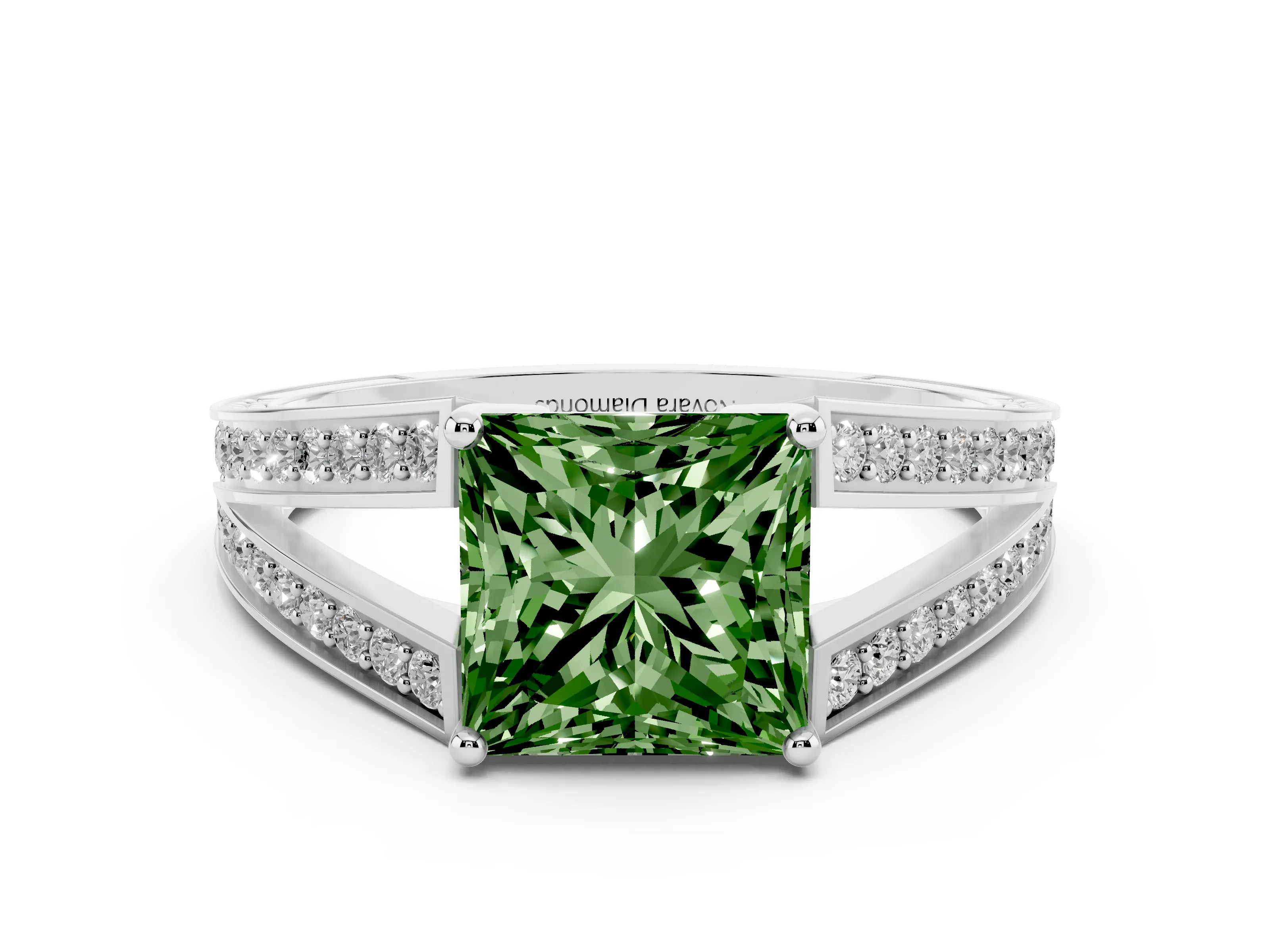 Fancy Green Princess Cut Diamond Split Shank Ring Set in Platinum with Pavé Band and Prong Setting