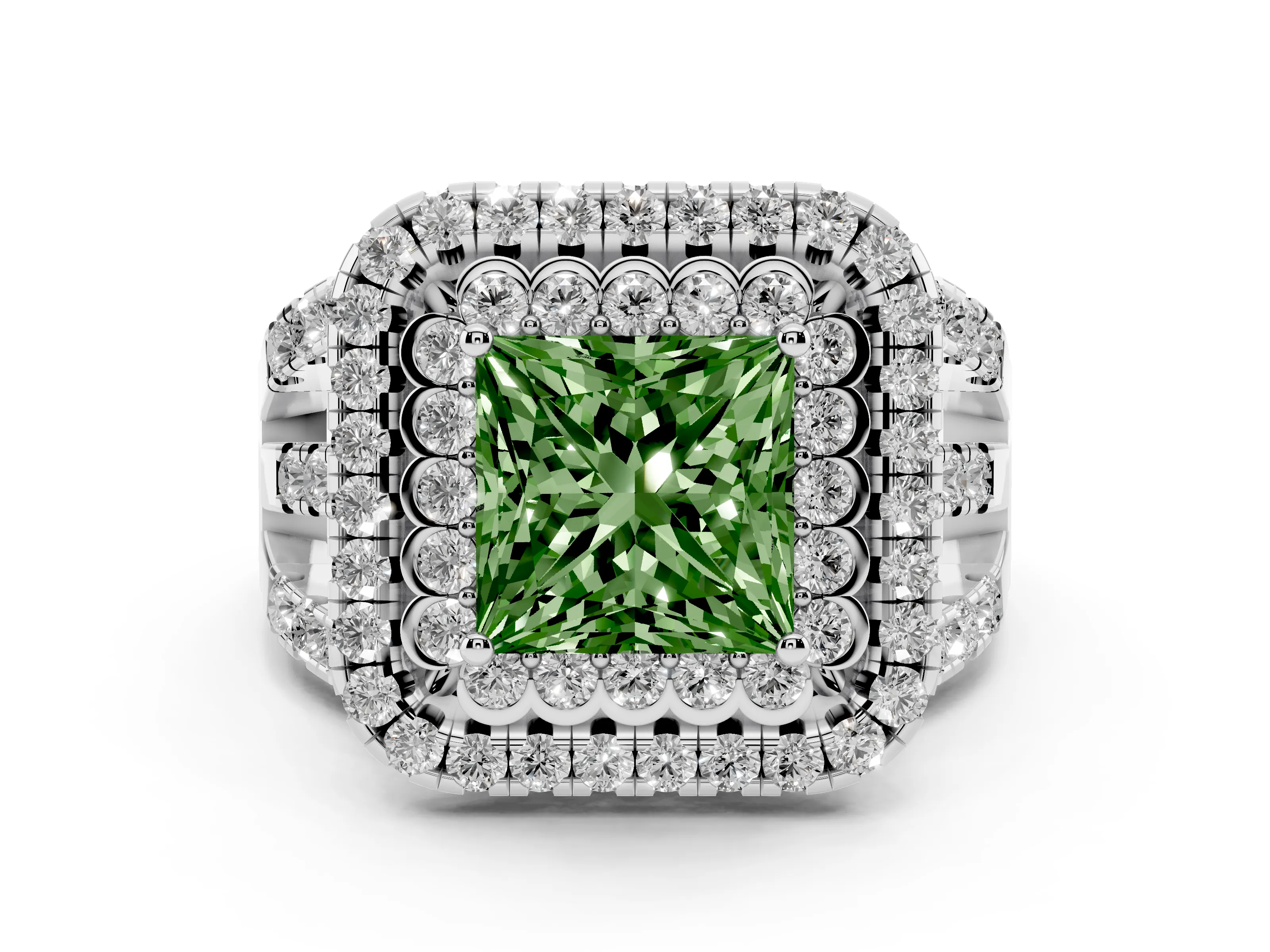 Fancy Green Princess Cut Diamond Double Halo Ring Set in White gold with Round Pavé Split Shank