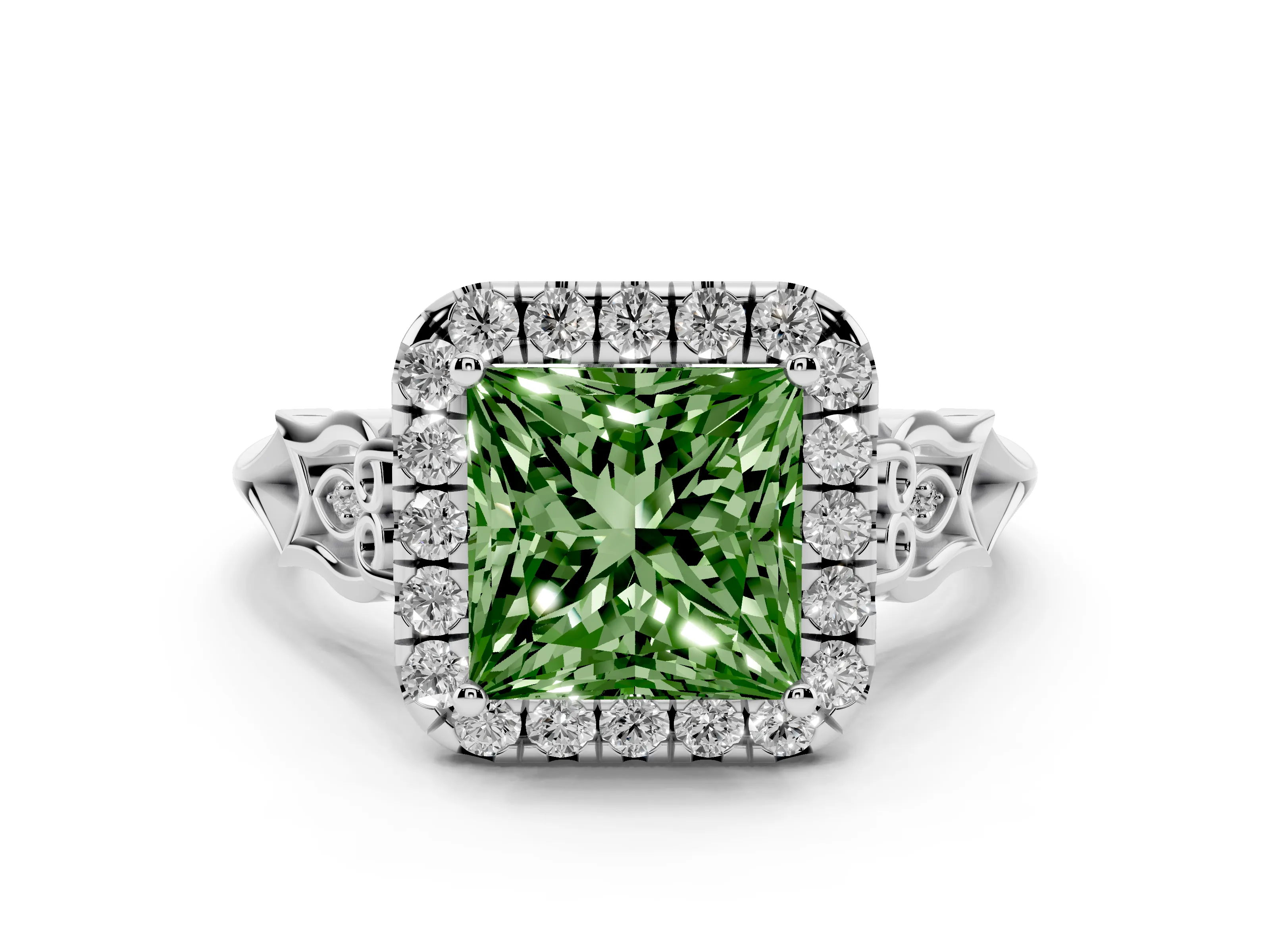 Fancy Green Princess Cut Diamond Halo Engagement Ring Set in Platinum with Filigree Band and Prong-Set Center