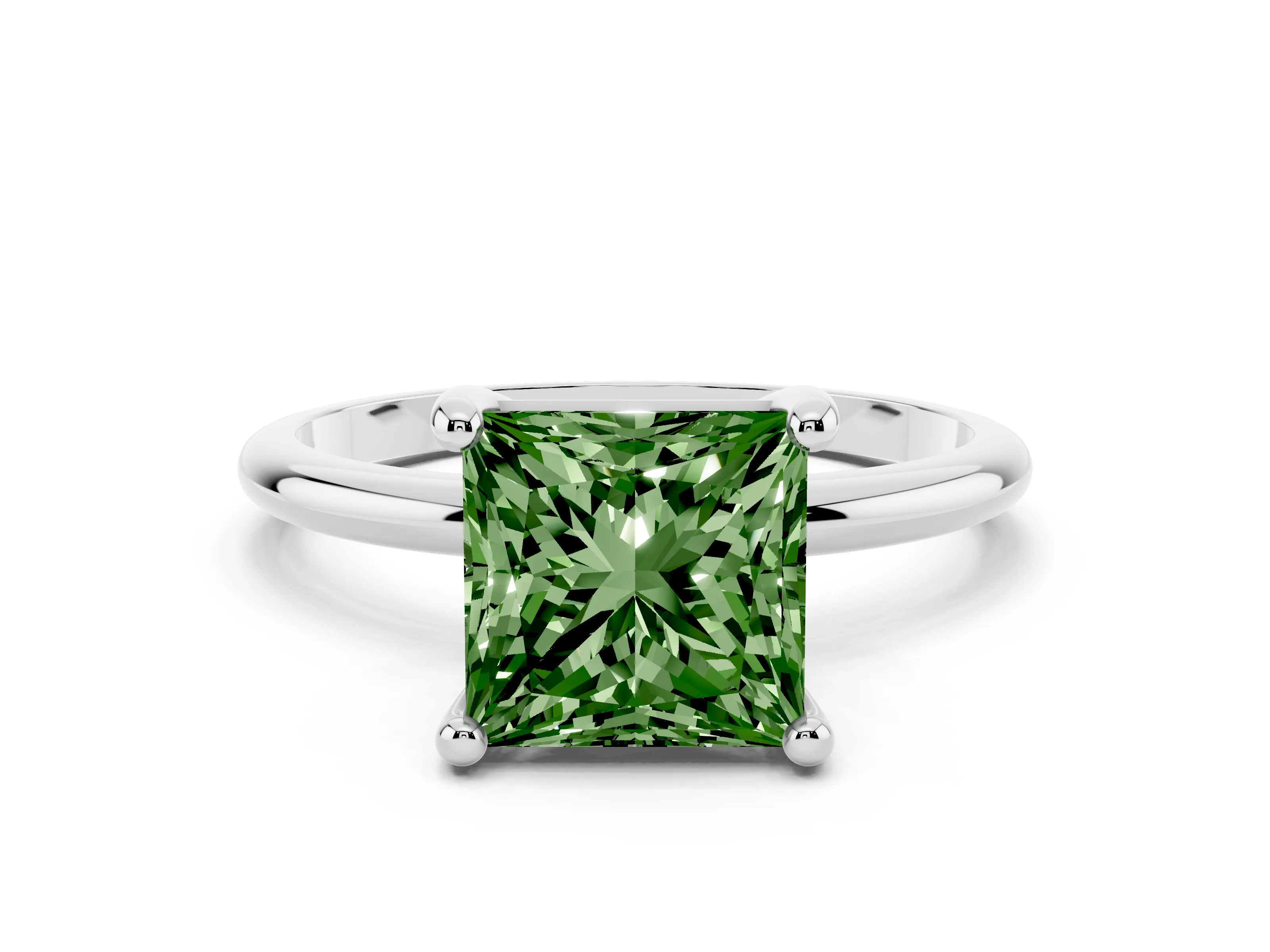 Fancy Green Princess Cut Diamond Solitaire Ring Set in White gold with Secure Prong Setting on a Classic Band