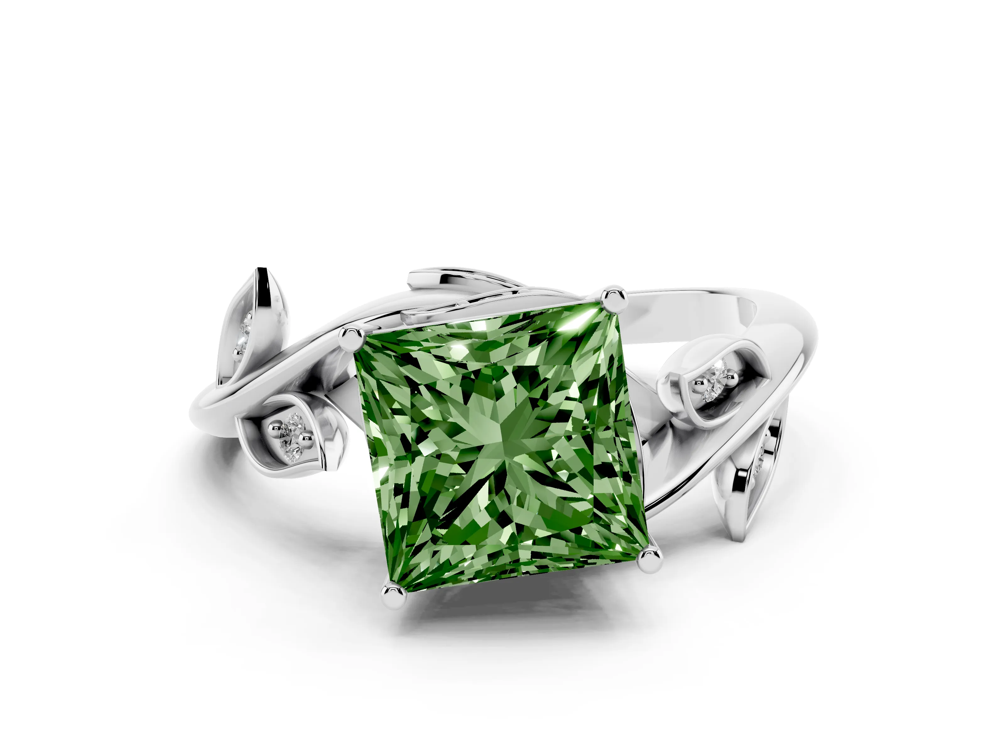 Fancy Green Princess Cut Diamond Solitaire Twist Engagement Ring Set in White gold with Pavé Leaf Accents