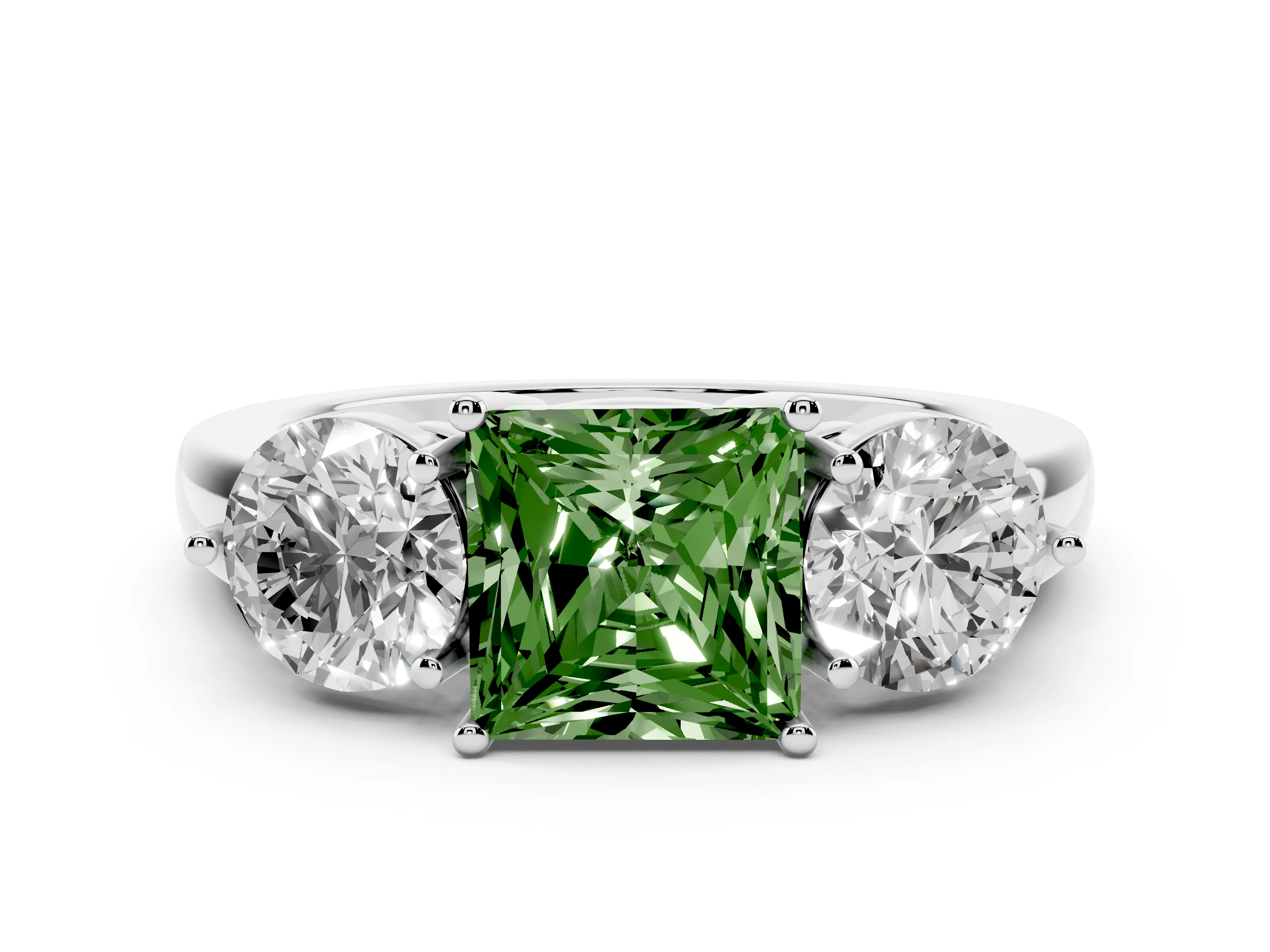 Fancy Green Princess Cut Diamond Three-Stone Ring Set in Platinum with Prong Setting and Plain Band