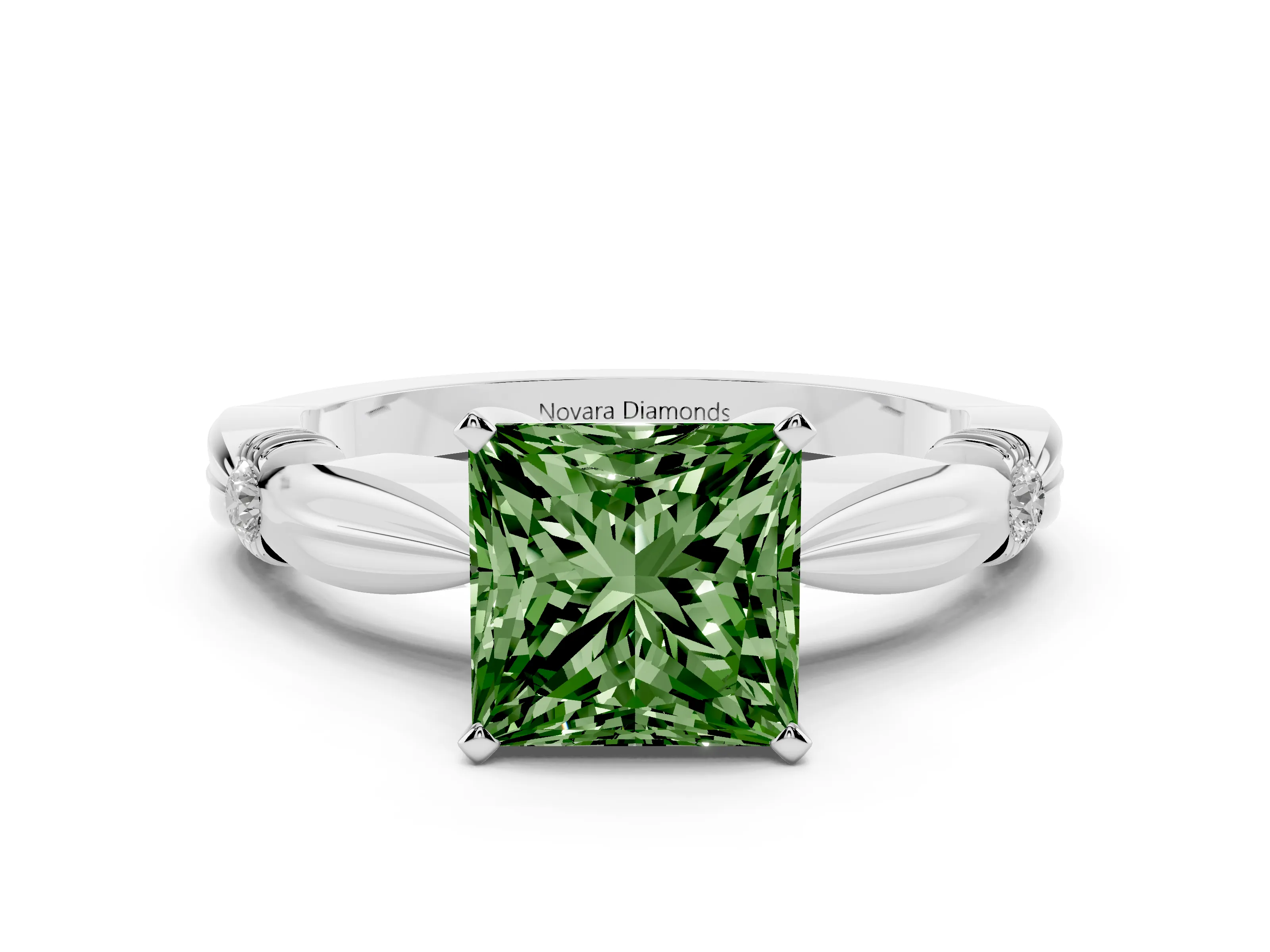 Fancy Green Princess Cut Diamond Solitaire Twisted Band Ring Set in Silver with Accent Stones and Prong Setting
