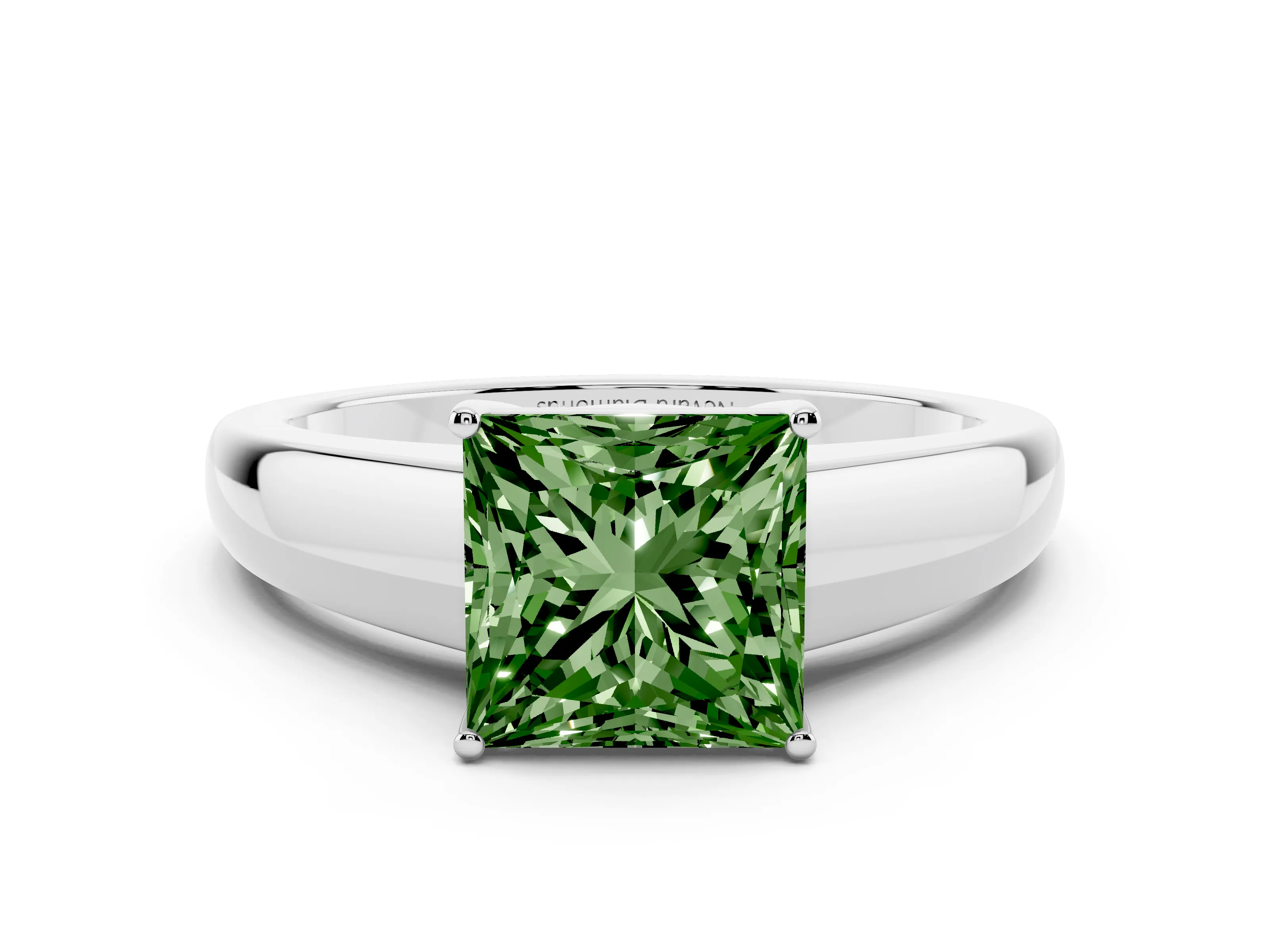 Fancy Green Princess Cut Diamond Solitaire Ring Set in Silver with Tapered Band and Prong Setting