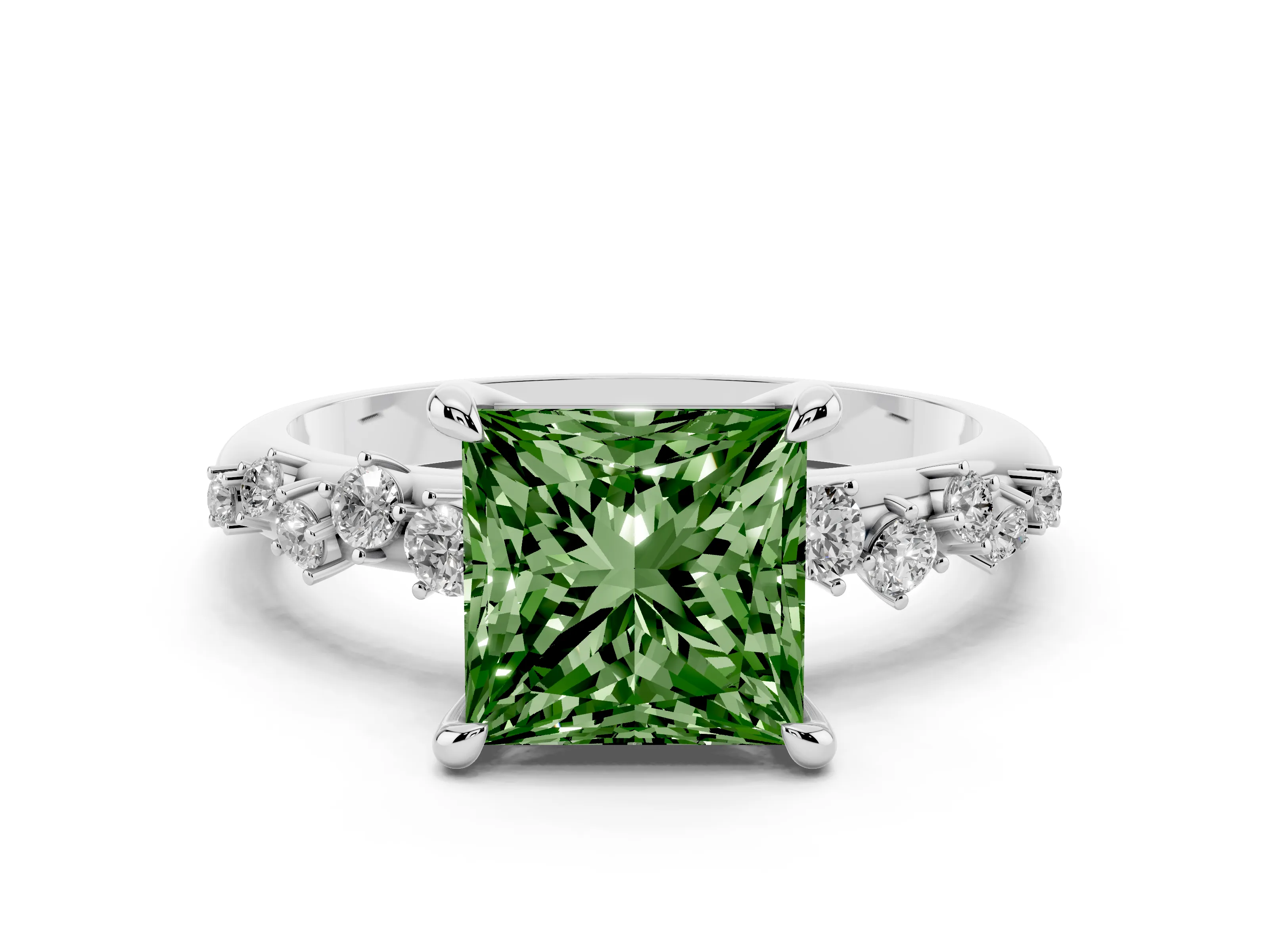 Fancy Green Princess Cut Diamond Solitaire Vine Band Ring Set in White gold with Round Accents and Prong Setting