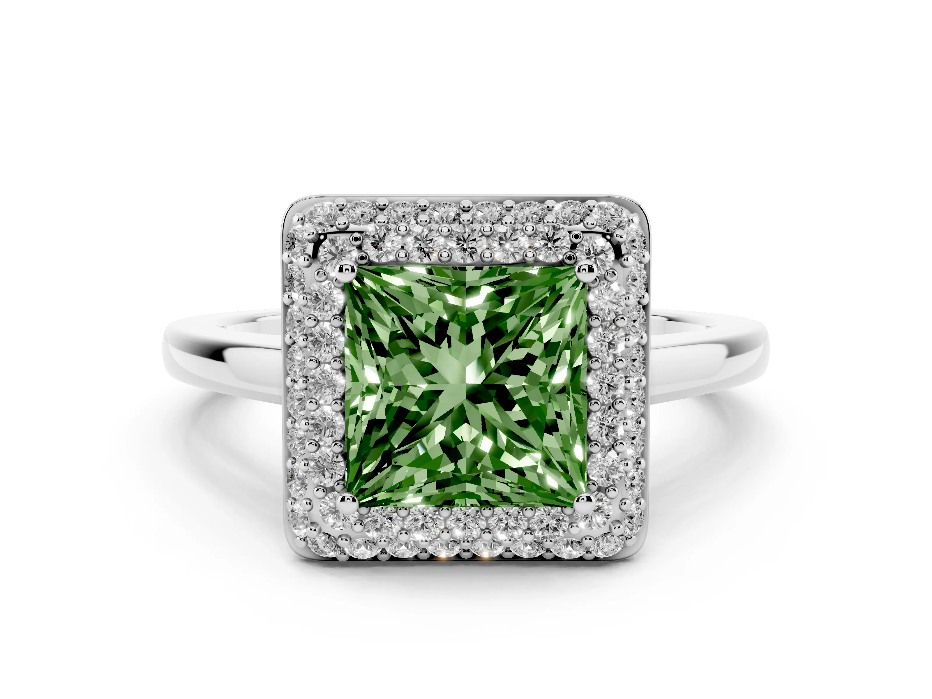 Fancy Green Princess Cut Diamond Halo Engagement Ring Set in White gold with Solitaire Band and Prong Setting
